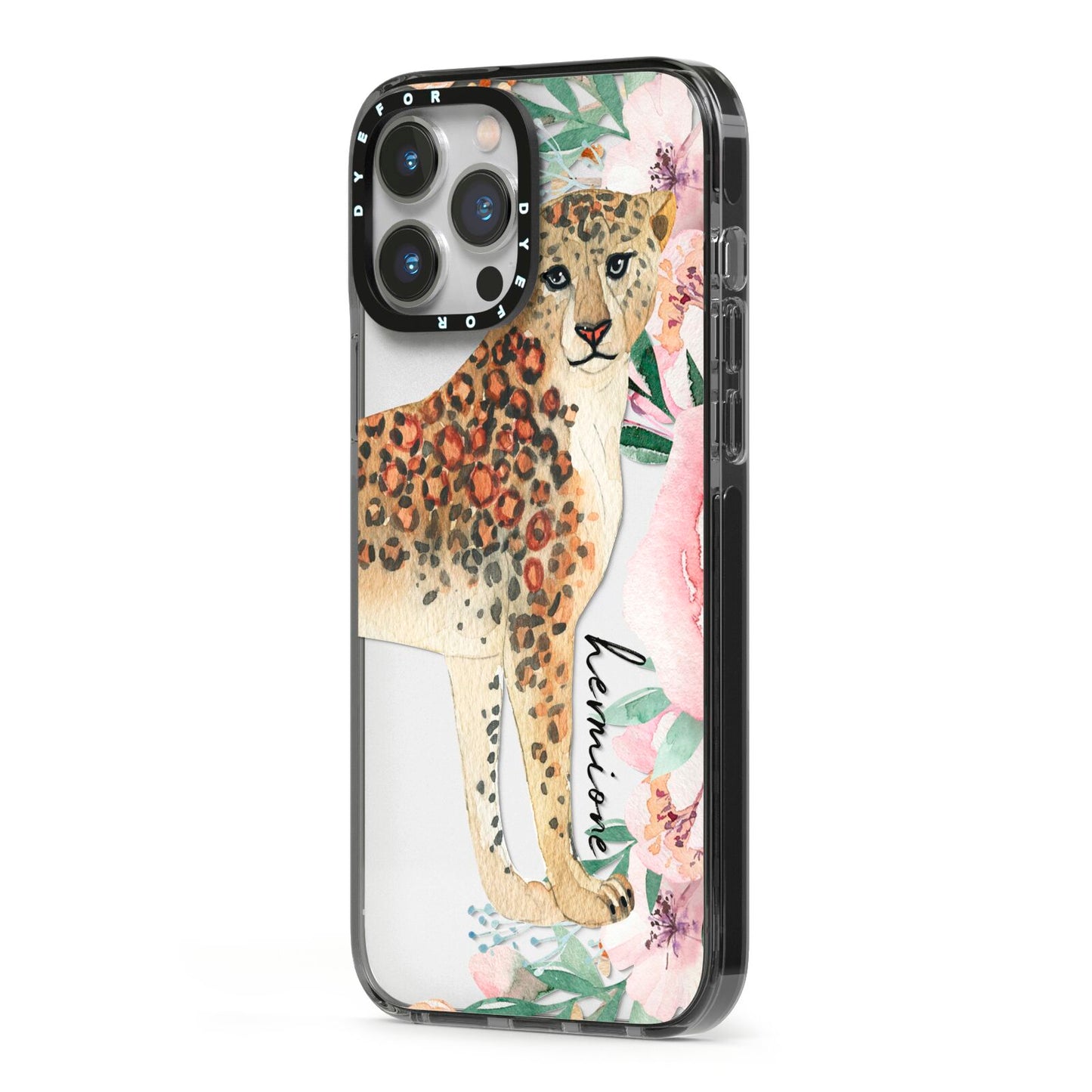 Personalised Leopard iPhone 13 Pro Max Black Impact Case Side Angle on Silver phone