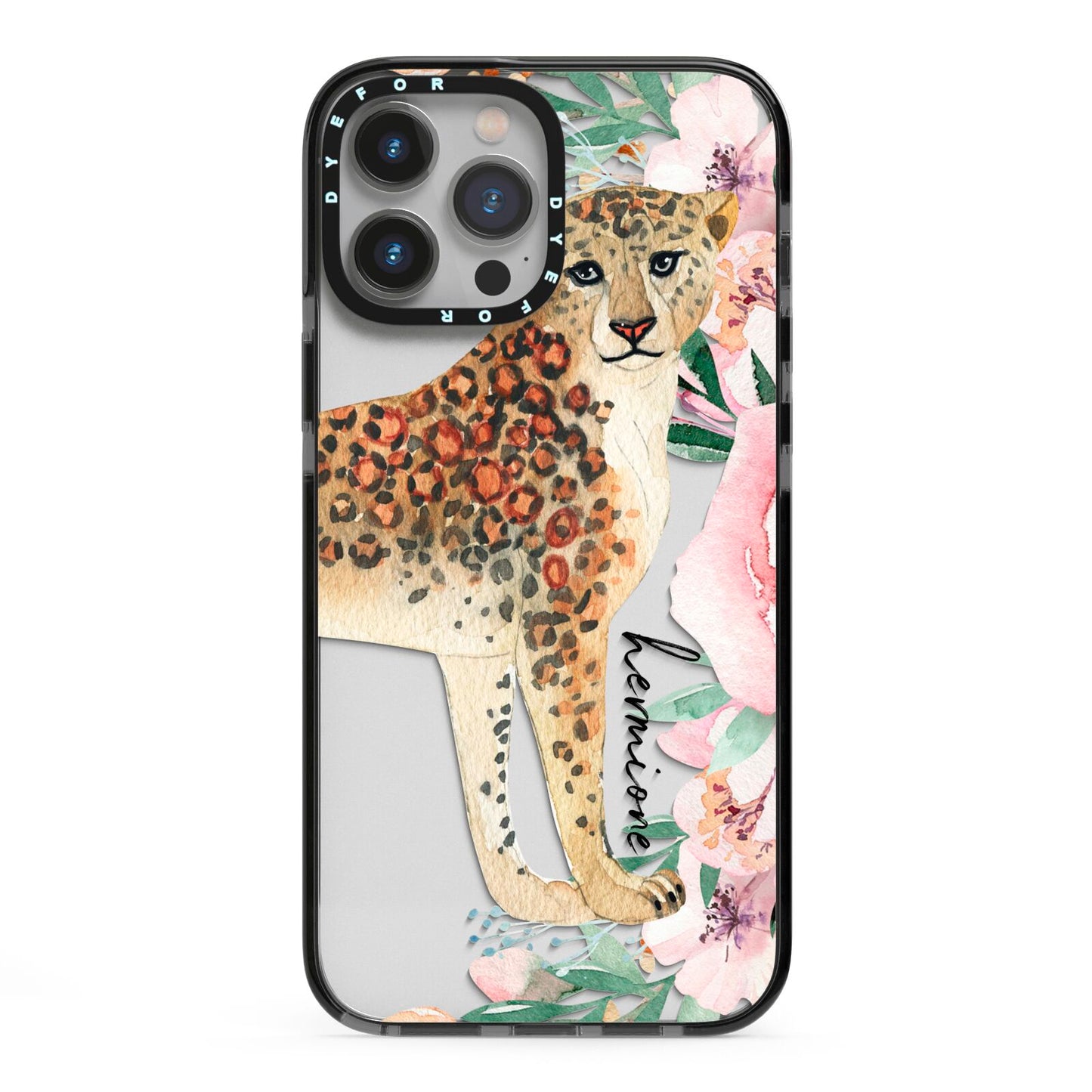Personalised Leopard iPhone 13 Pro Max Black Impact Case on Silver phone
