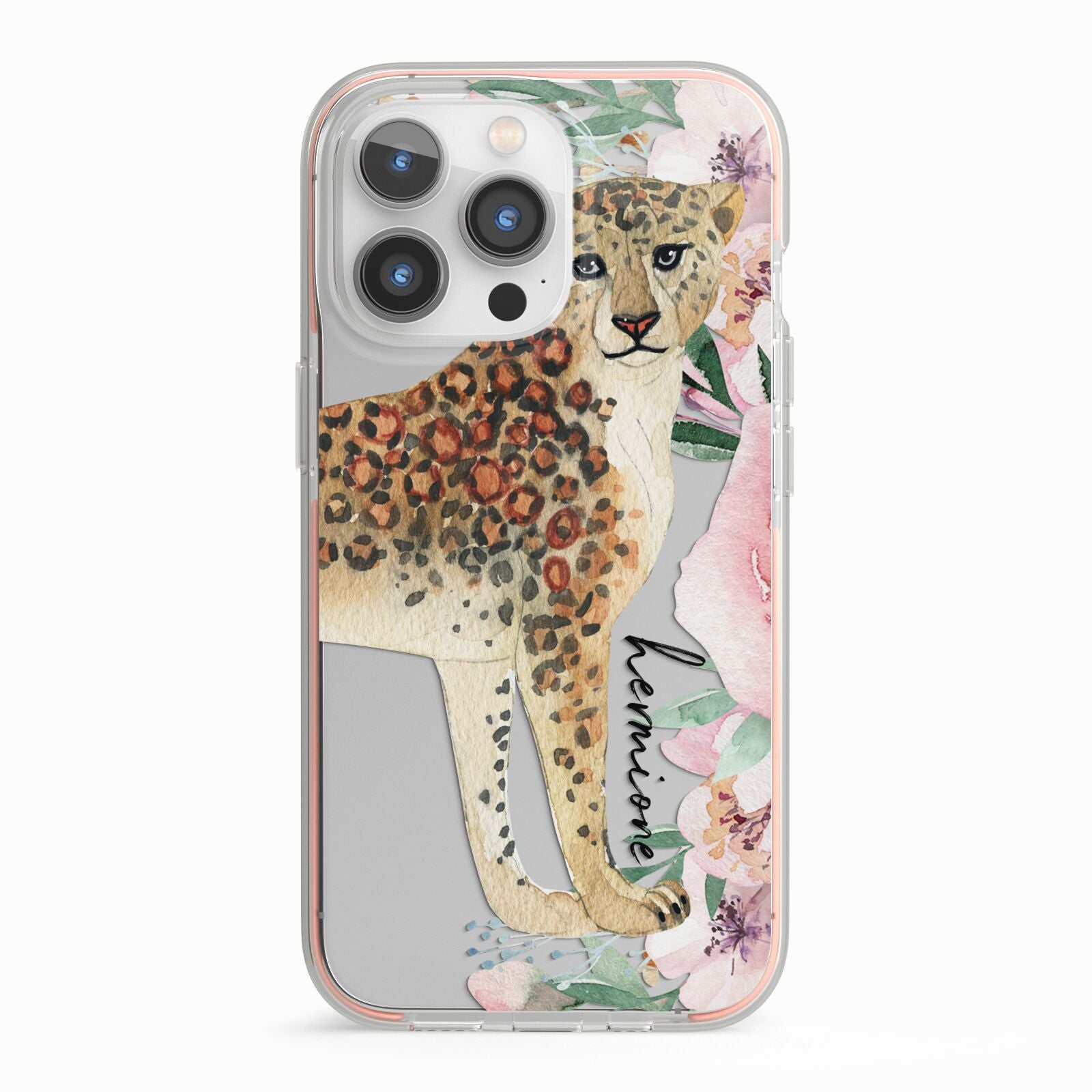 Personalised Leopard iPhone 13 Pro TPU Impact Case with Pink Edges
