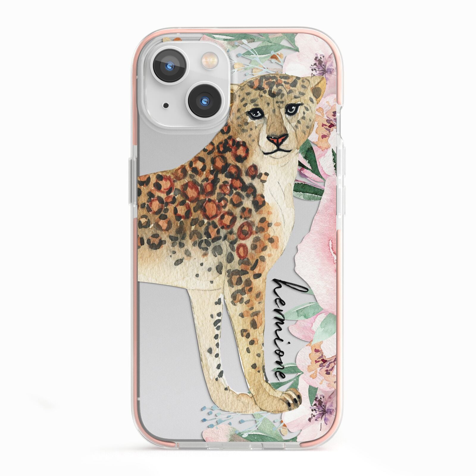 Personalised Leopard iPhone 13 TPU Impact Case with Pink Edges