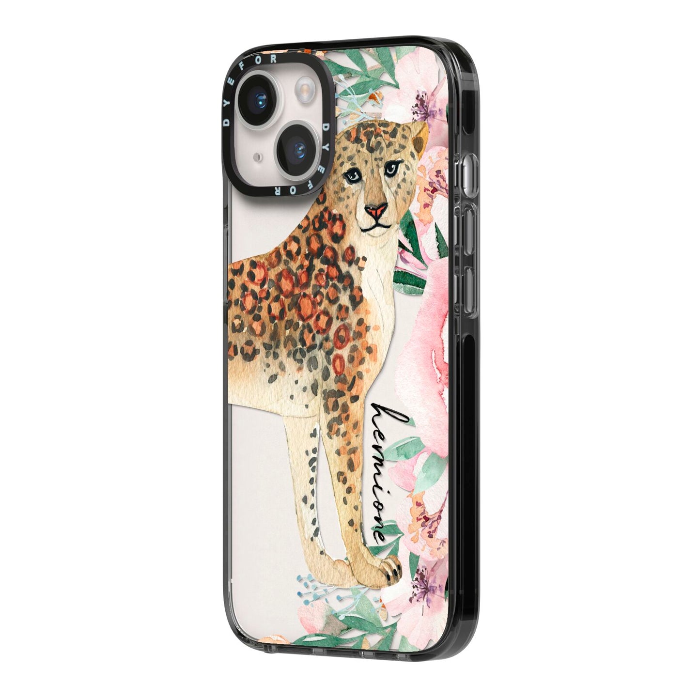 Personalised Leopard iPhone 14 Black Impact Case Side Angle on Silver phone