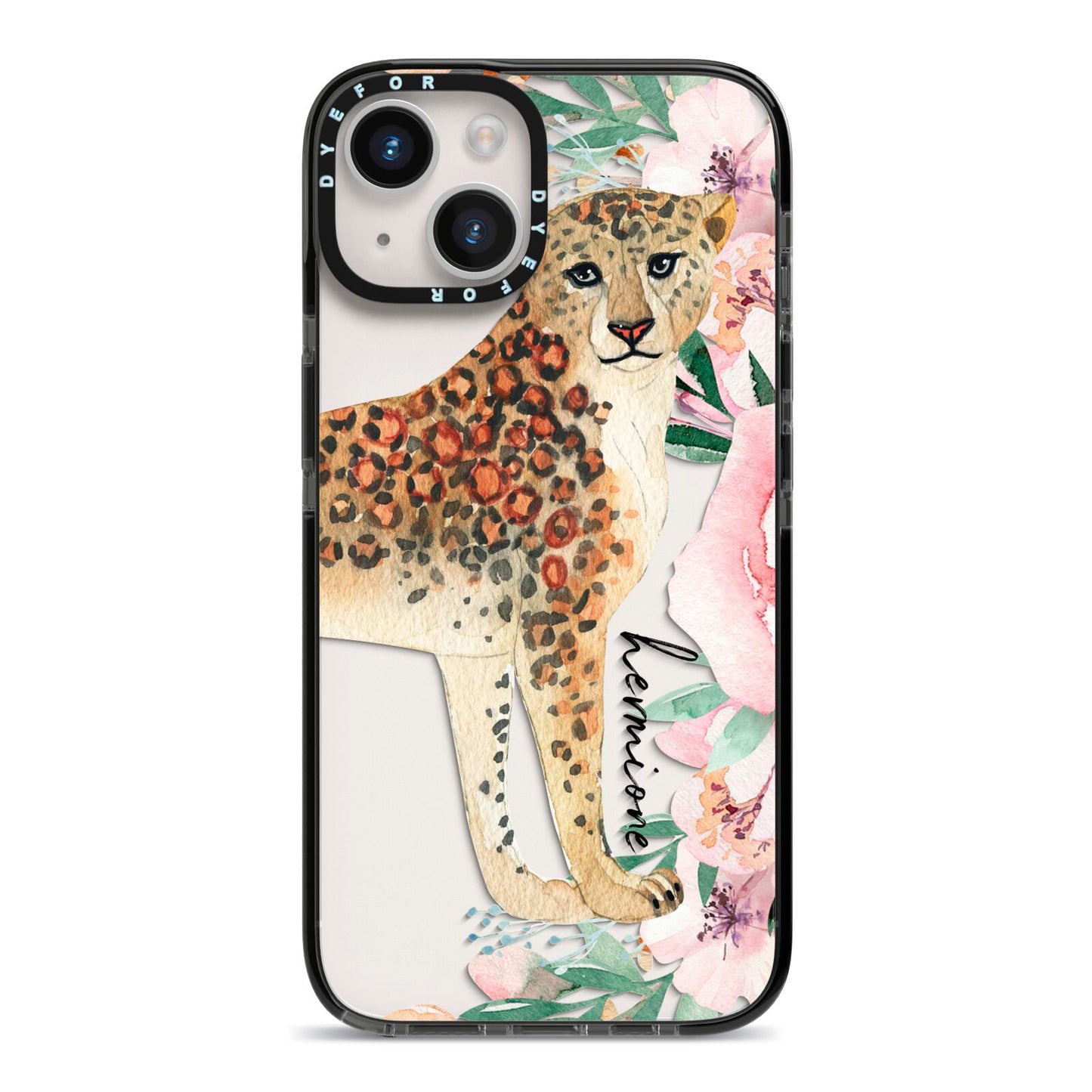 Personalised Leopard iPhone 14 Black Impact Case on Silver phone