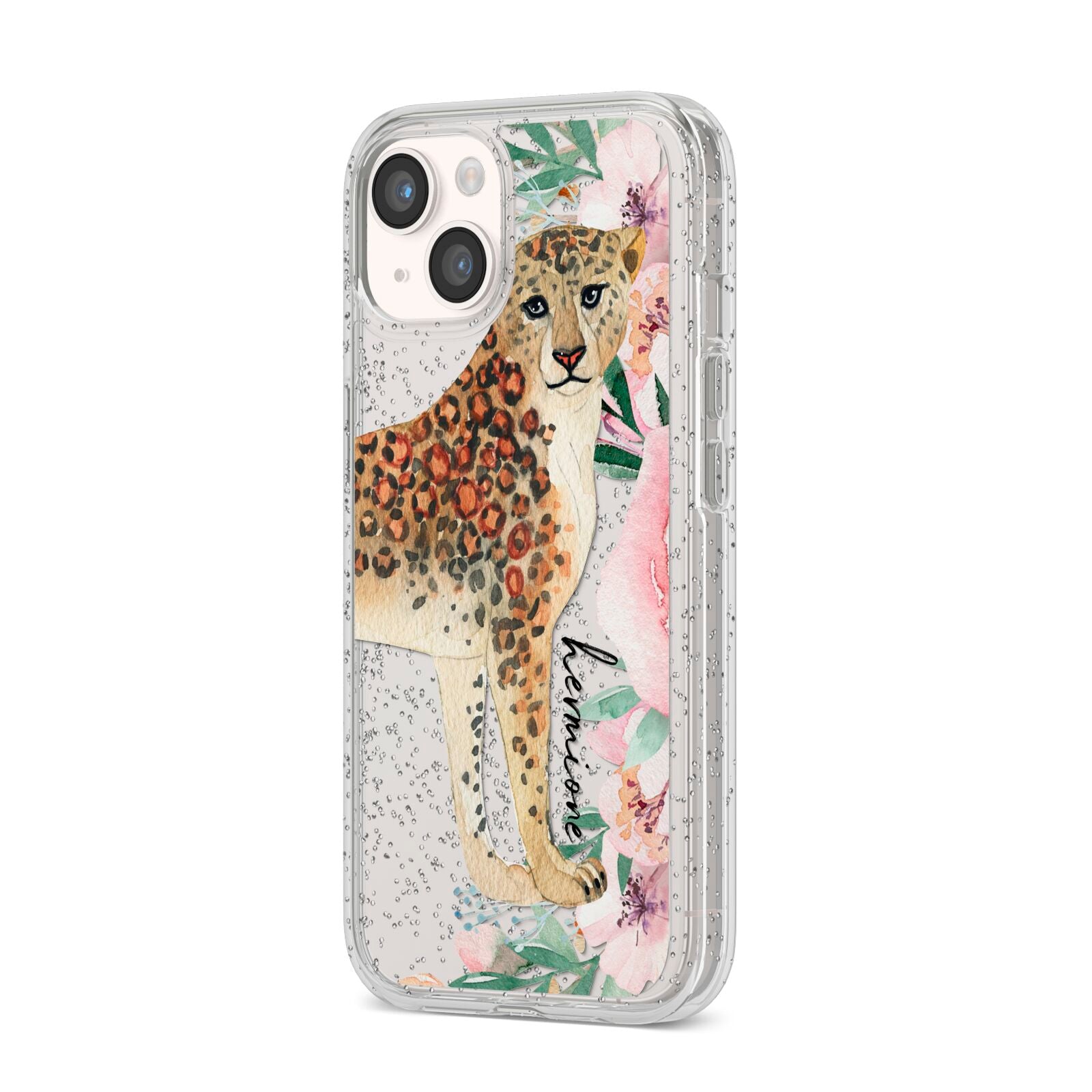 Personalised Leopard iPhone 14 Glitter Tough Case Starlight Angled Image