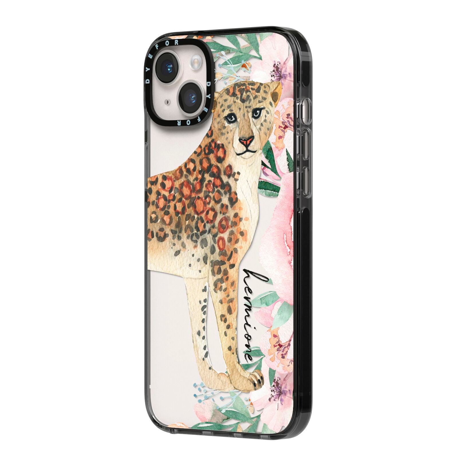 Personalised Leopard iPhone 14 Plus Black Impact Case Side Angle on Silver phone