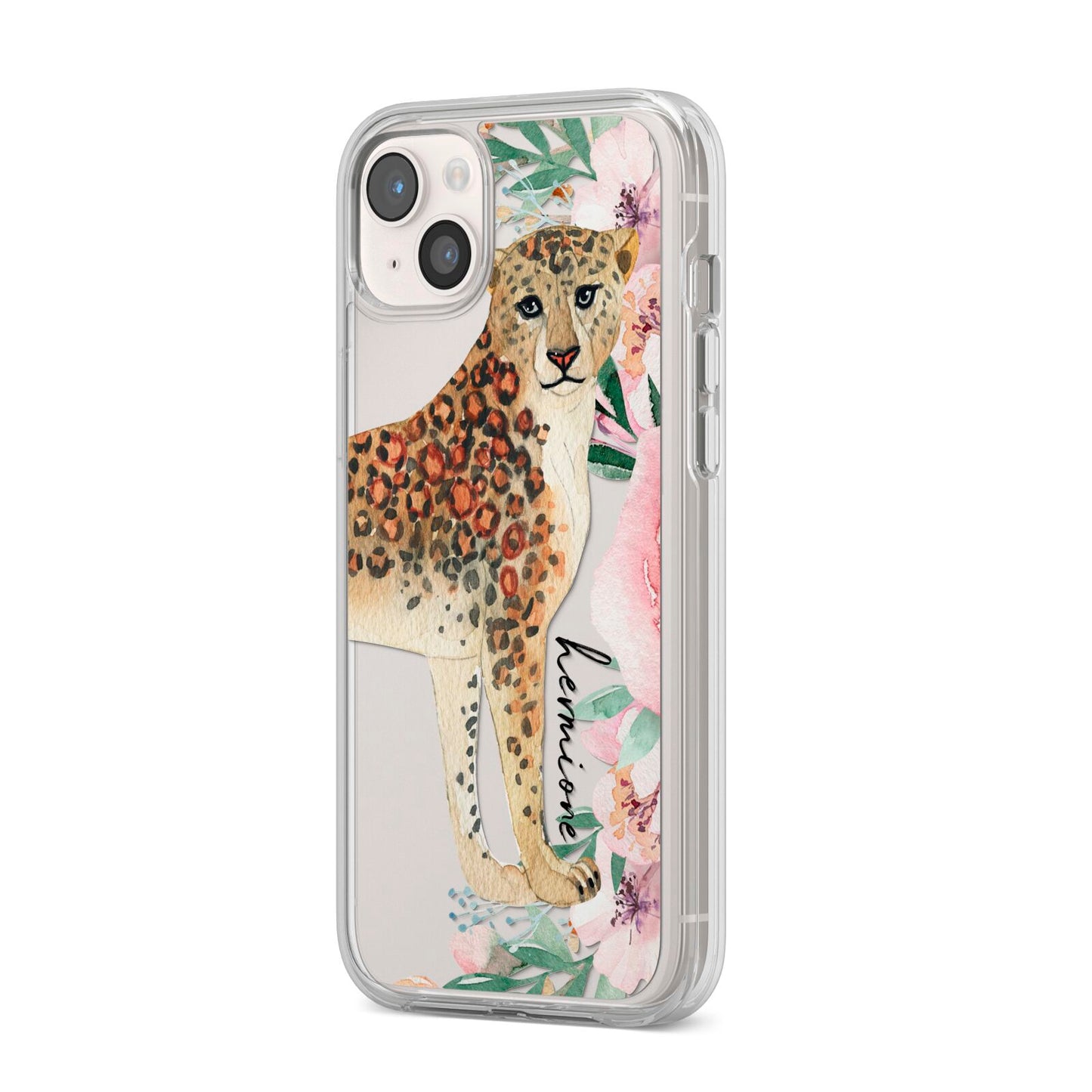 Personalised Leopard iPhone 14 Plus Clear Tough Case Starlight Angled Image