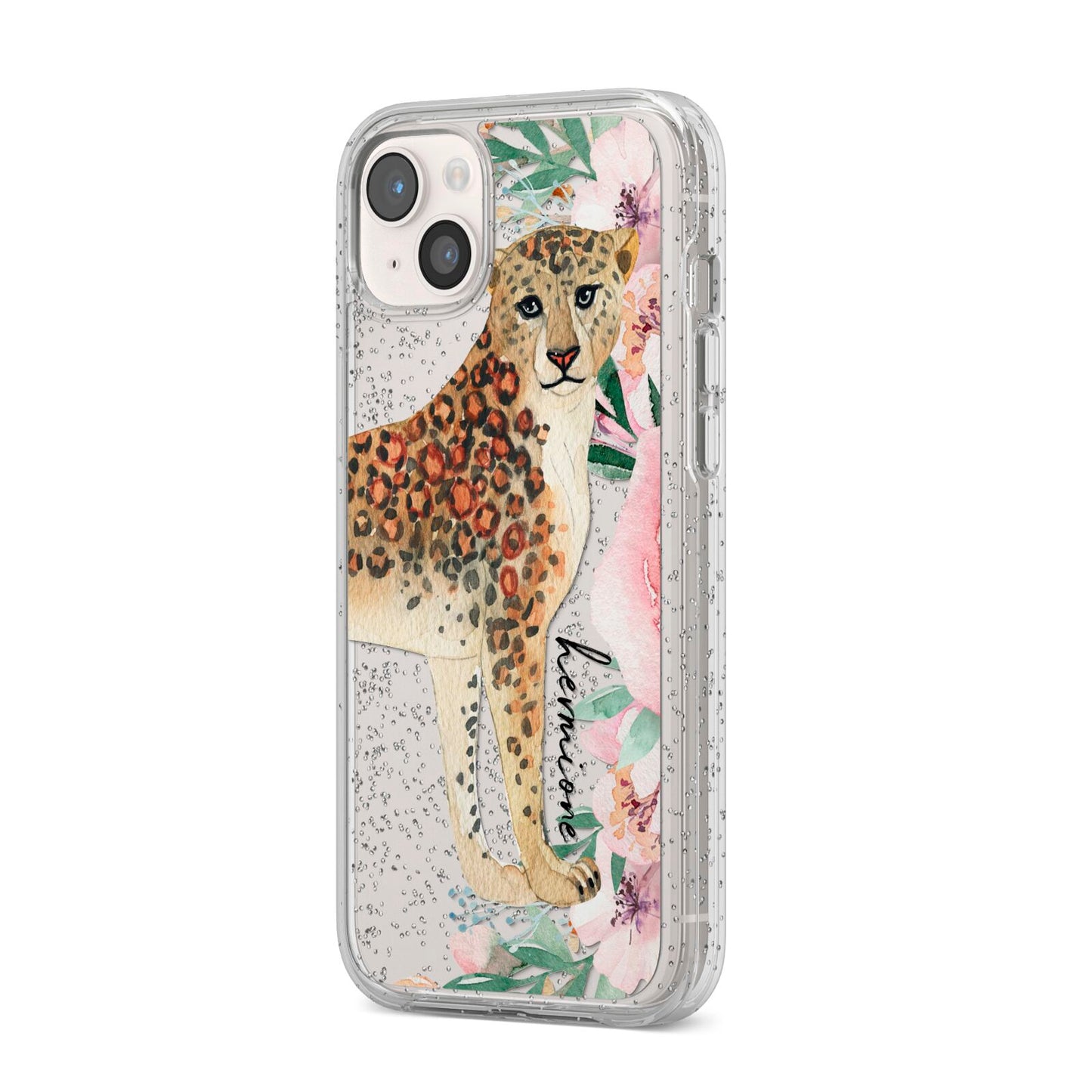 Personalised Leopard iPhone 14 Plus Glitter Tough Case Starlight Angled Image