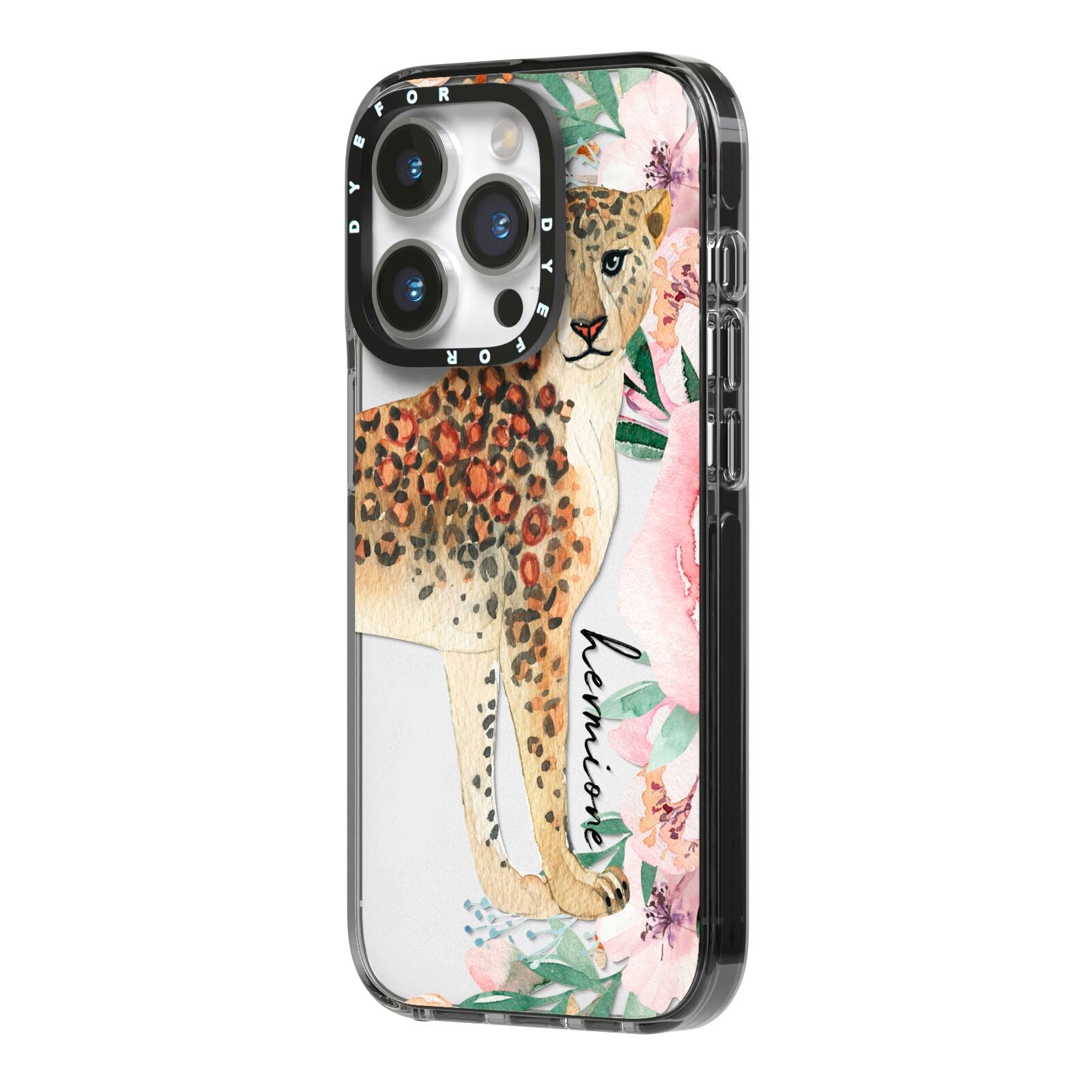 Personalised Leopard iPhone 14 Pro Black Impact Case Side Angle on Silver phone