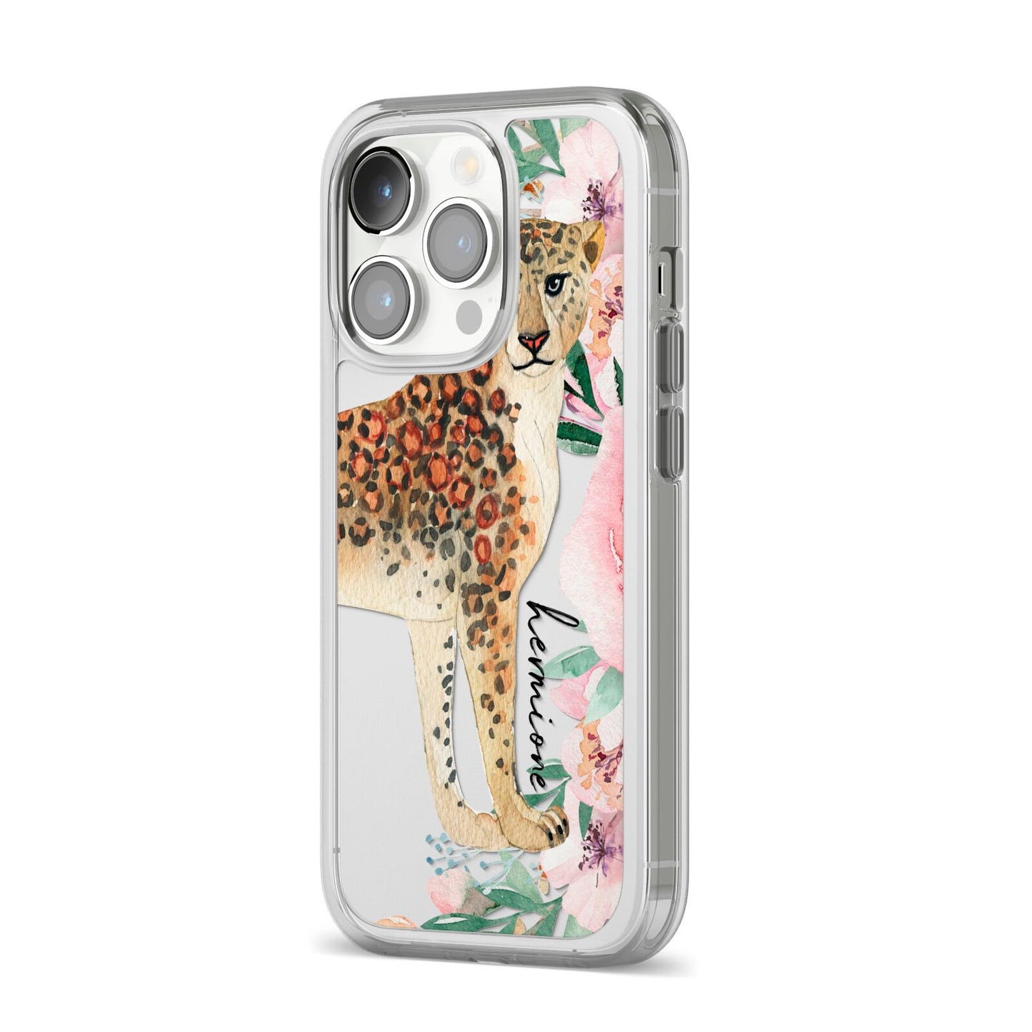 Personalised Leopard iPhone 14 Pro Clear Tough Case Silver Angled Image