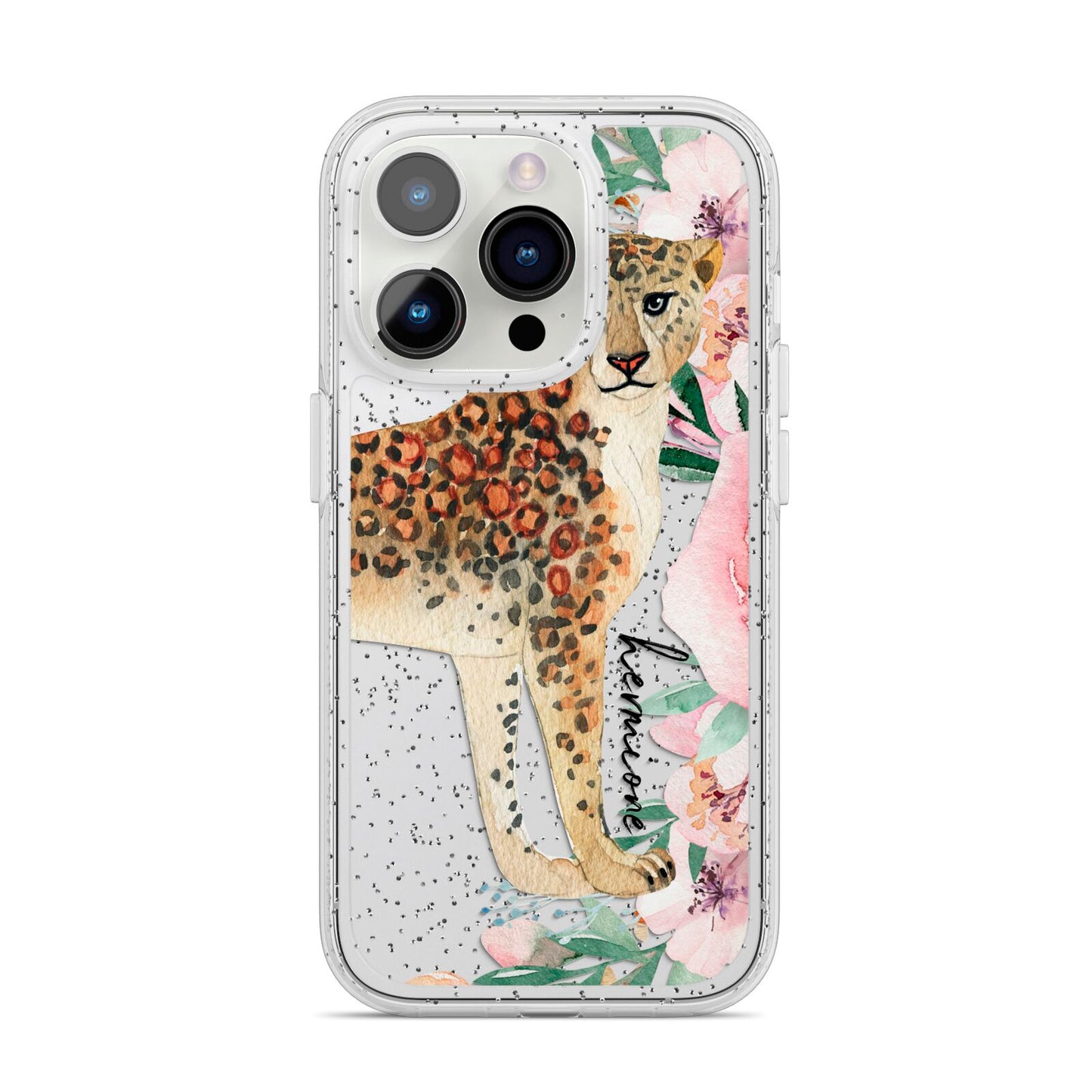 Personalised Leopard iPhone 14 Pro Glitter Tough Case Silver
