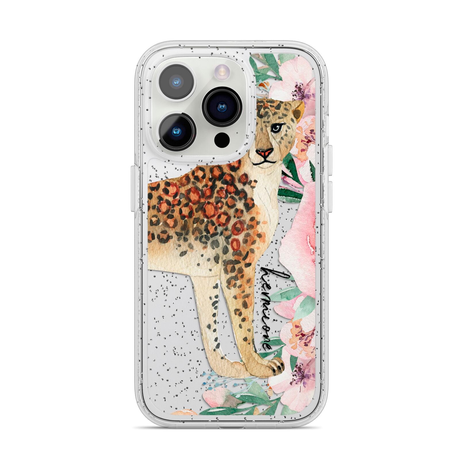Personalised Leopard iPhone 14 Pro Glitter Tough Case Silver