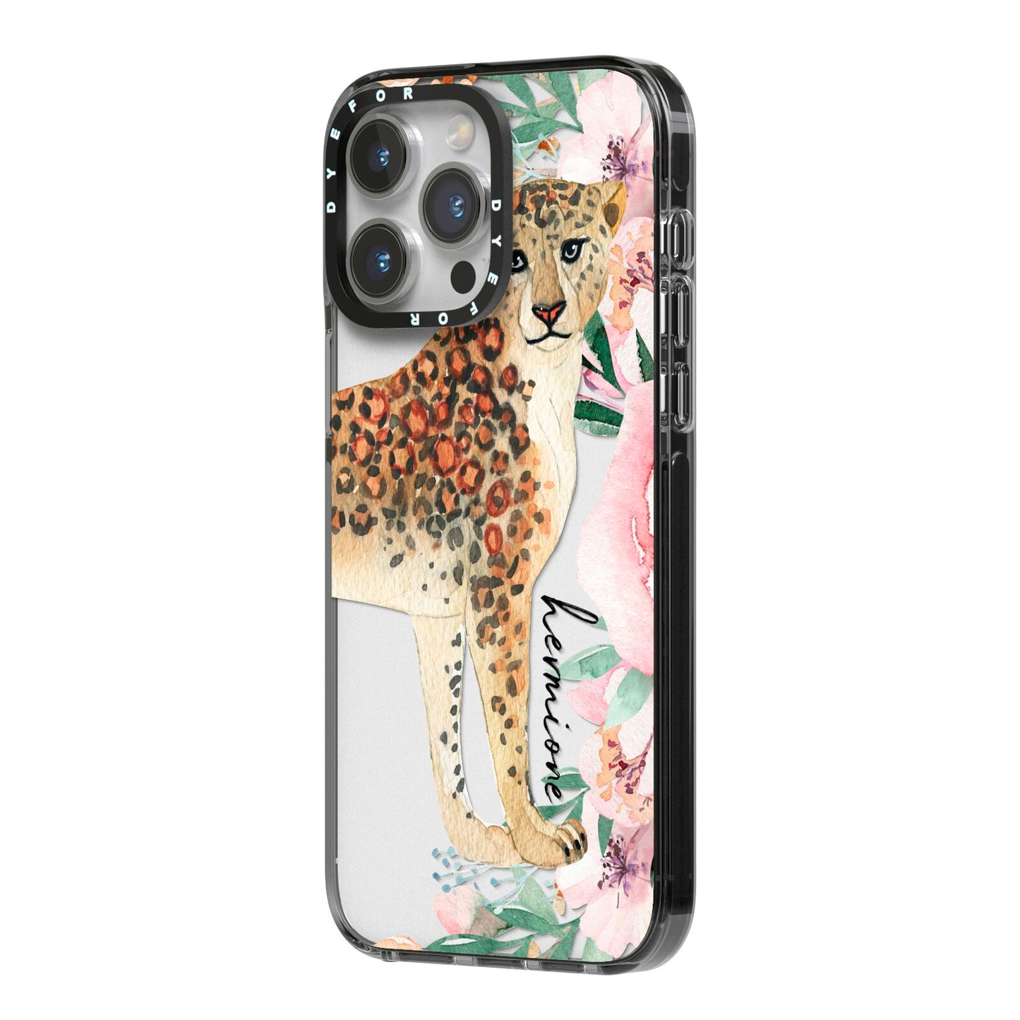 Personalised Leopard iPhone 14 Pro Max Black Impact Case Side Angle on Silver phone