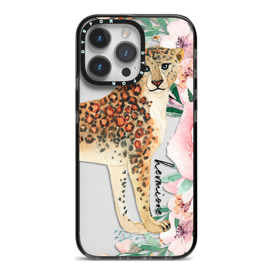 Personalised Leopard iPhone 14 Pro Max Black Impact Case on Silver phone