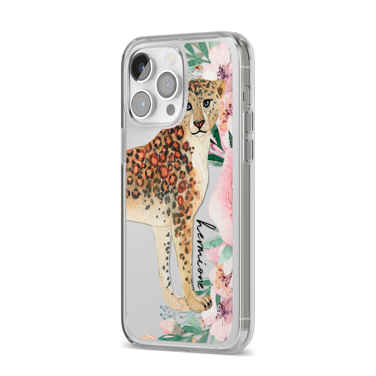 Personalised Leopard iPhone 14 Pro Max Clear Tough Case Silver Angled Image