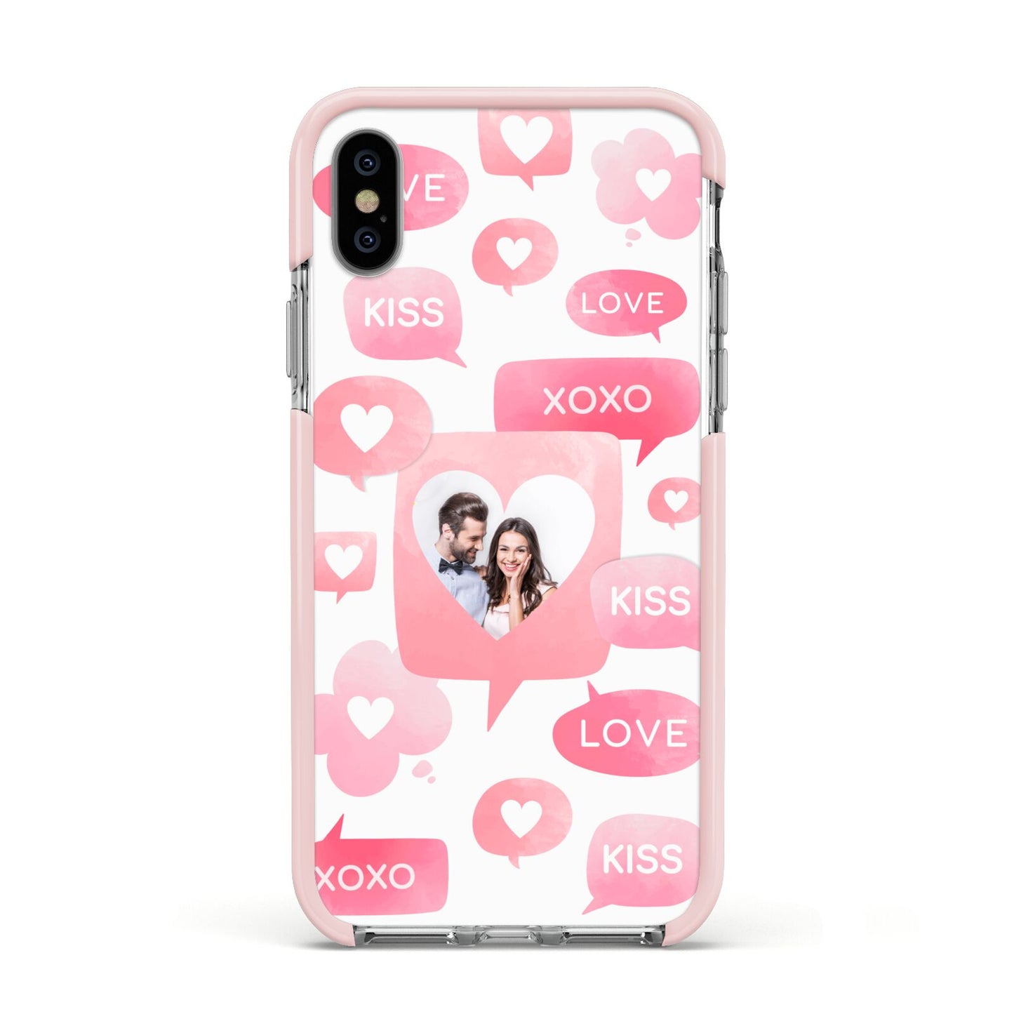 Personalised Likes Photo Apple iPhone Xs Impact Case Pink Edge on Silver Phone