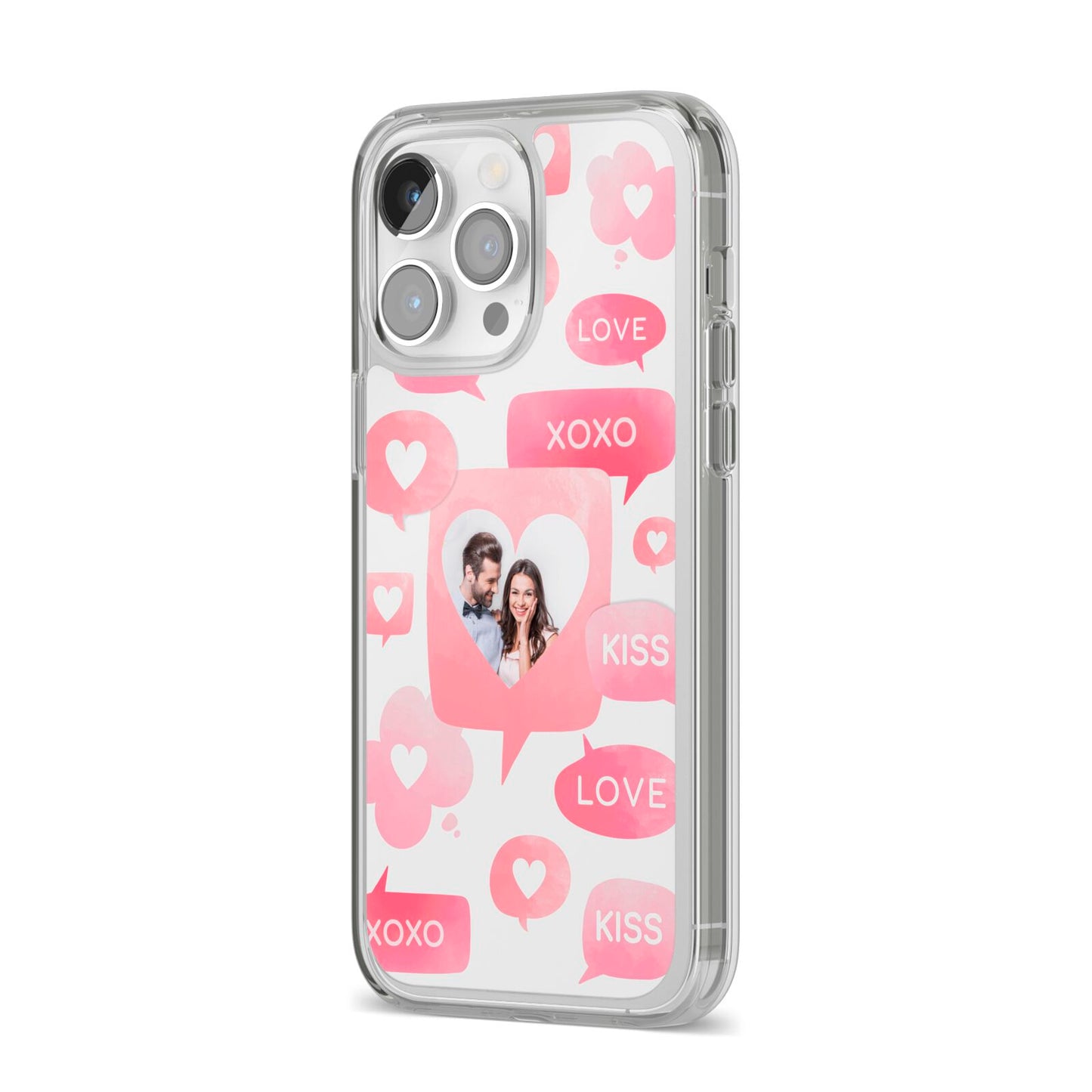 Personalised Likes Photo iPhone 14 Pro Max Clear Tough Case Silver Angled Image