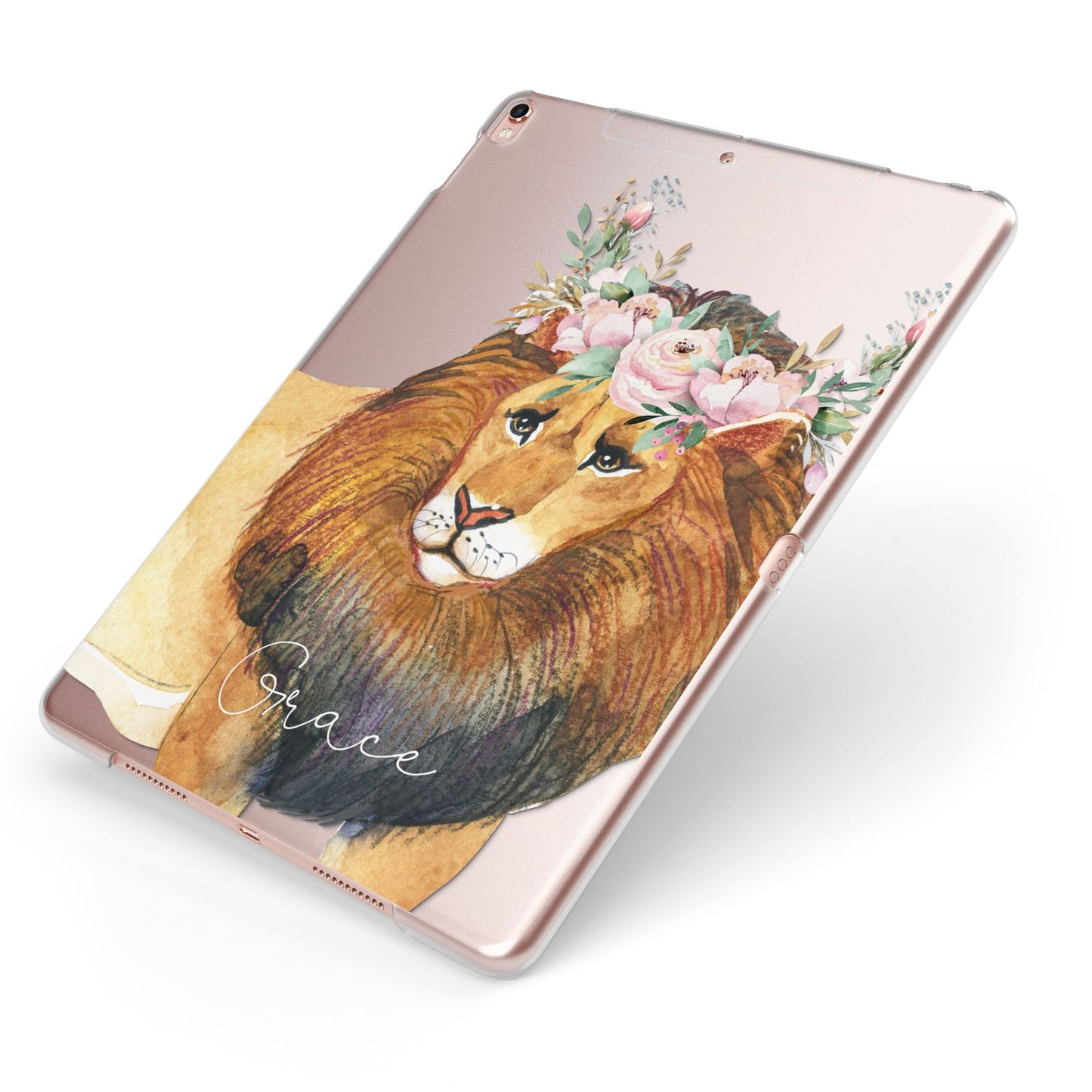 Personalised Lion Apple iPad Case on Rose Gold iPad Side View