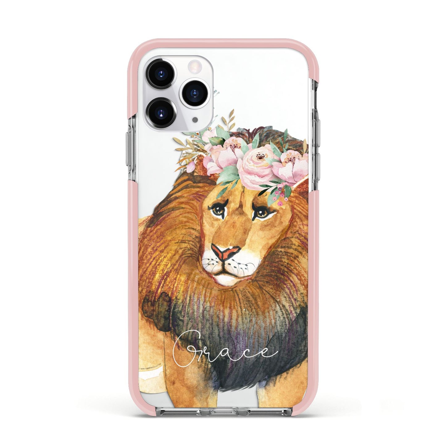 Personalised Lion Apple iPhone 11 Pro in Silver with Pink Impact Case