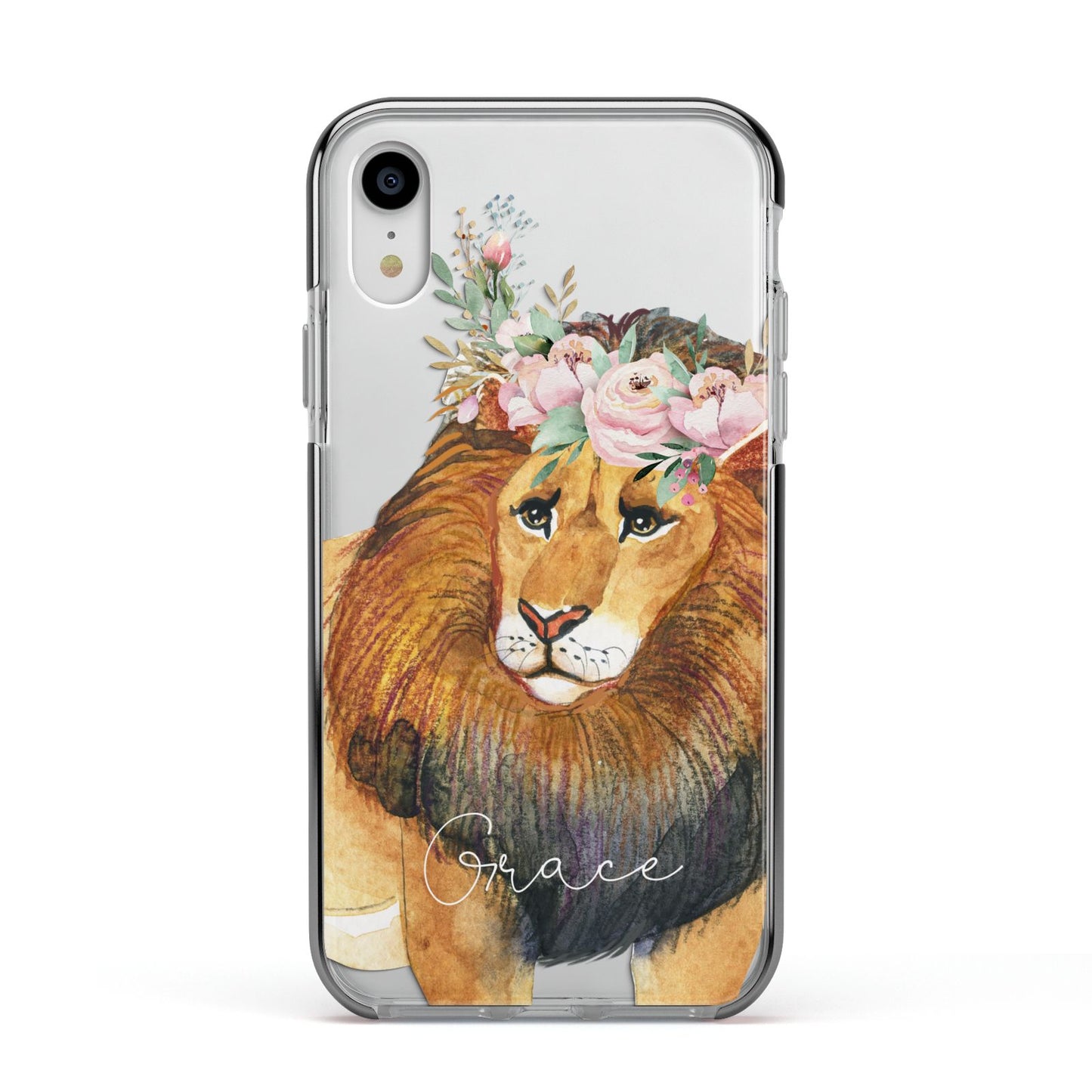 Personalised Lion Apple iPhone XR Impact Case Black Edge on Silver Phone