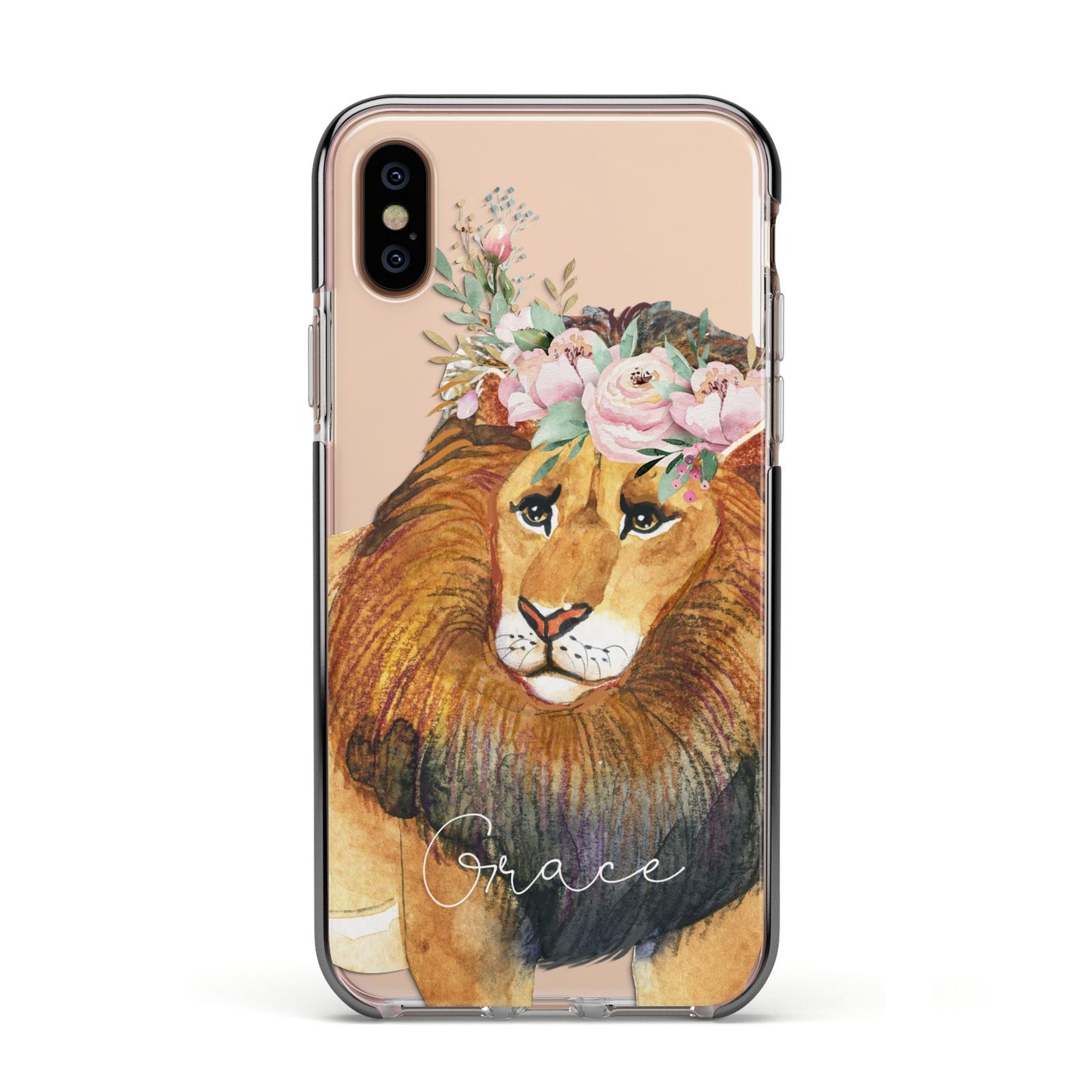 Personalised Lion Apple iPhone Xs Impact Case Black Edge on Gold Phone