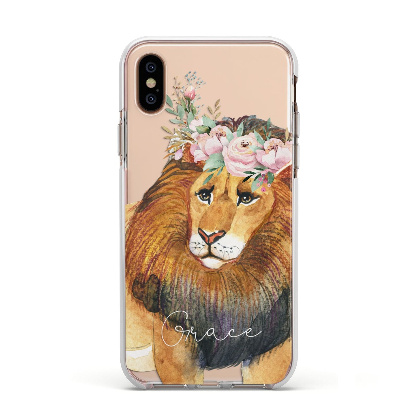 Personalised Lion Apple iPhone Xs Impact Case White Edge on Gold Phone