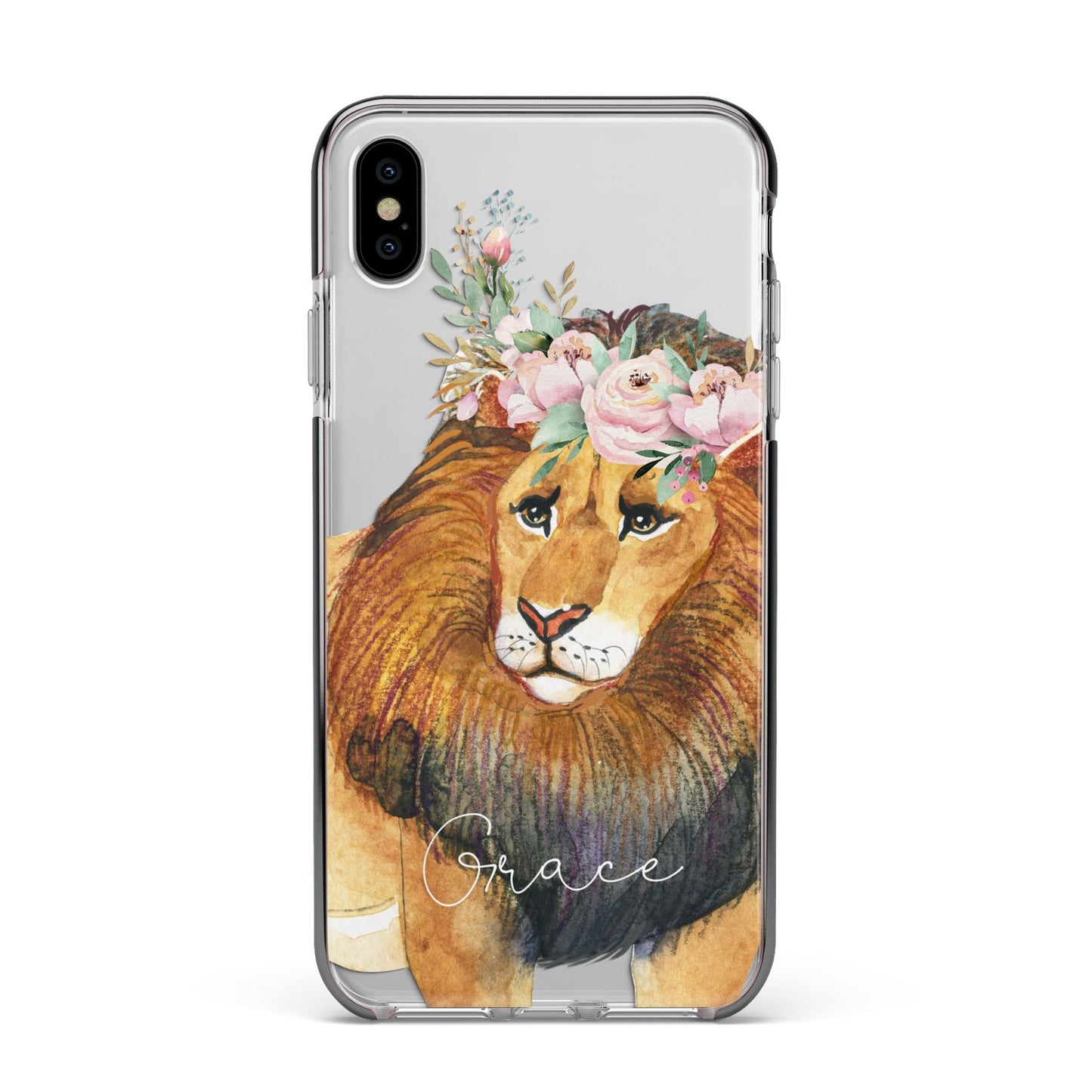 Personalised Lion Apple iPhone Xs Max Impact Case Black Edge on Silver Phone