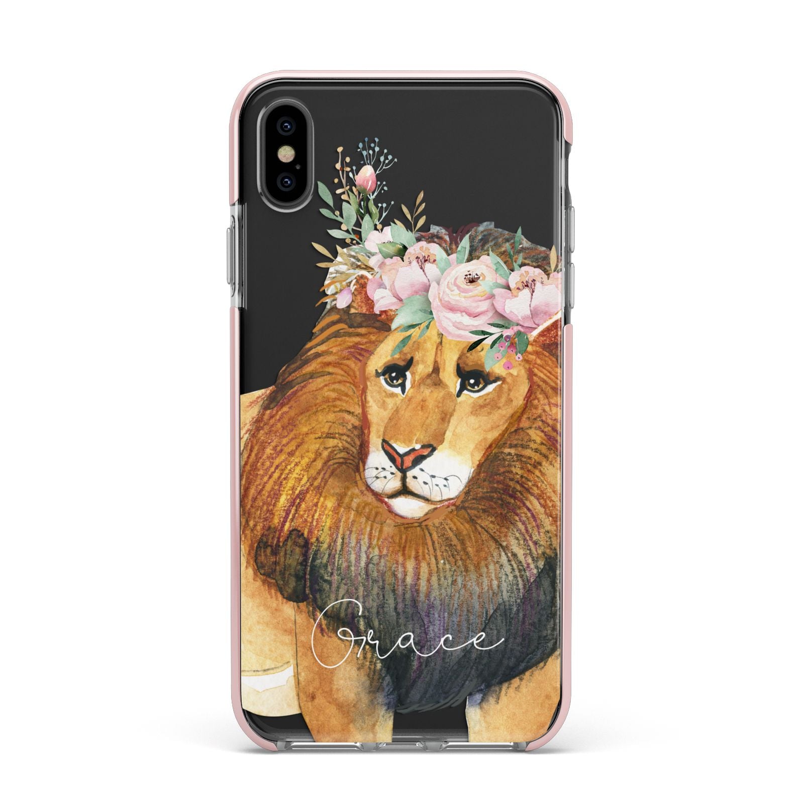 Personalised Lion Apple iPhone Xs Max Impact Case Pink Edge on Black Phone