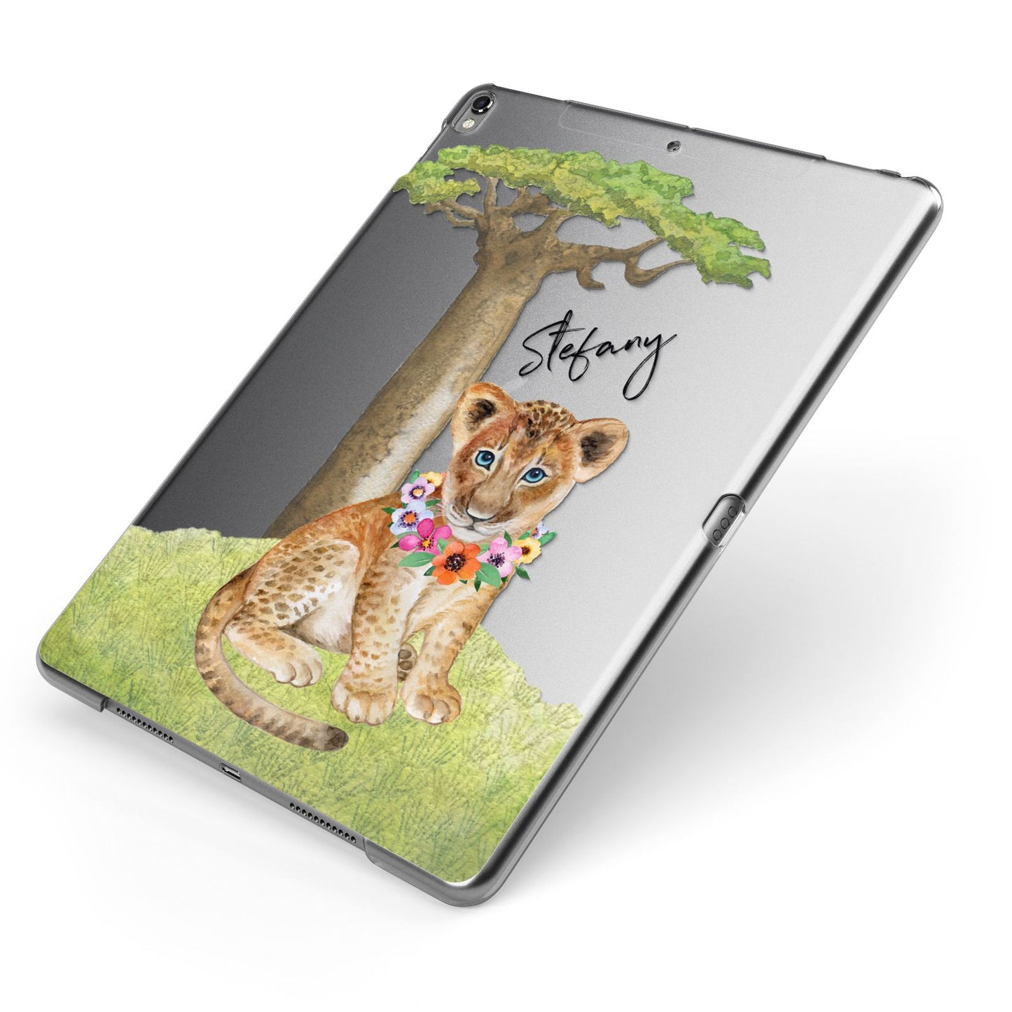 Personalised Lion Cub Apple iPad Case on Grey iPad Side View