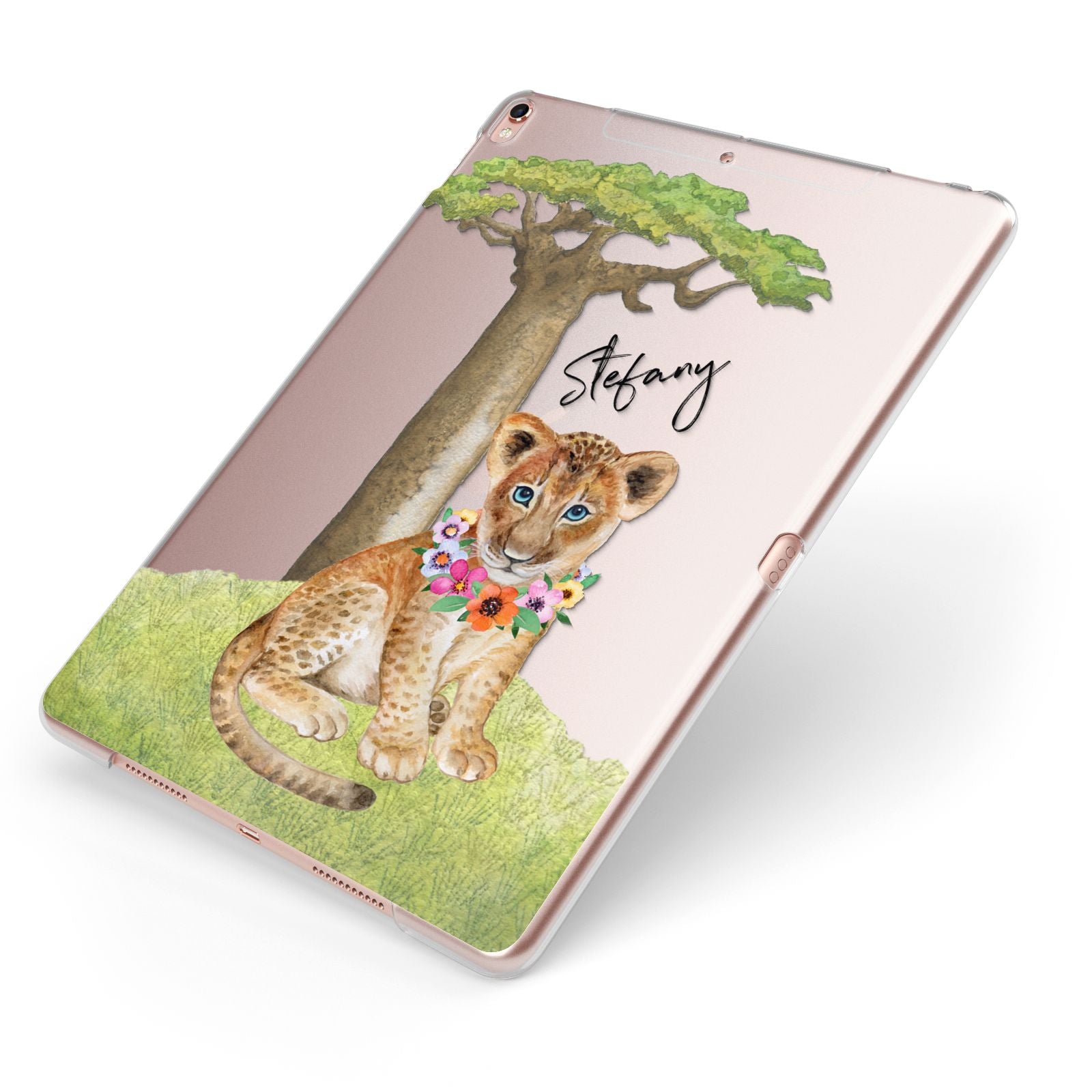Personalised Lion Cub Apple iPad Case on Rose Gold iPad Side View