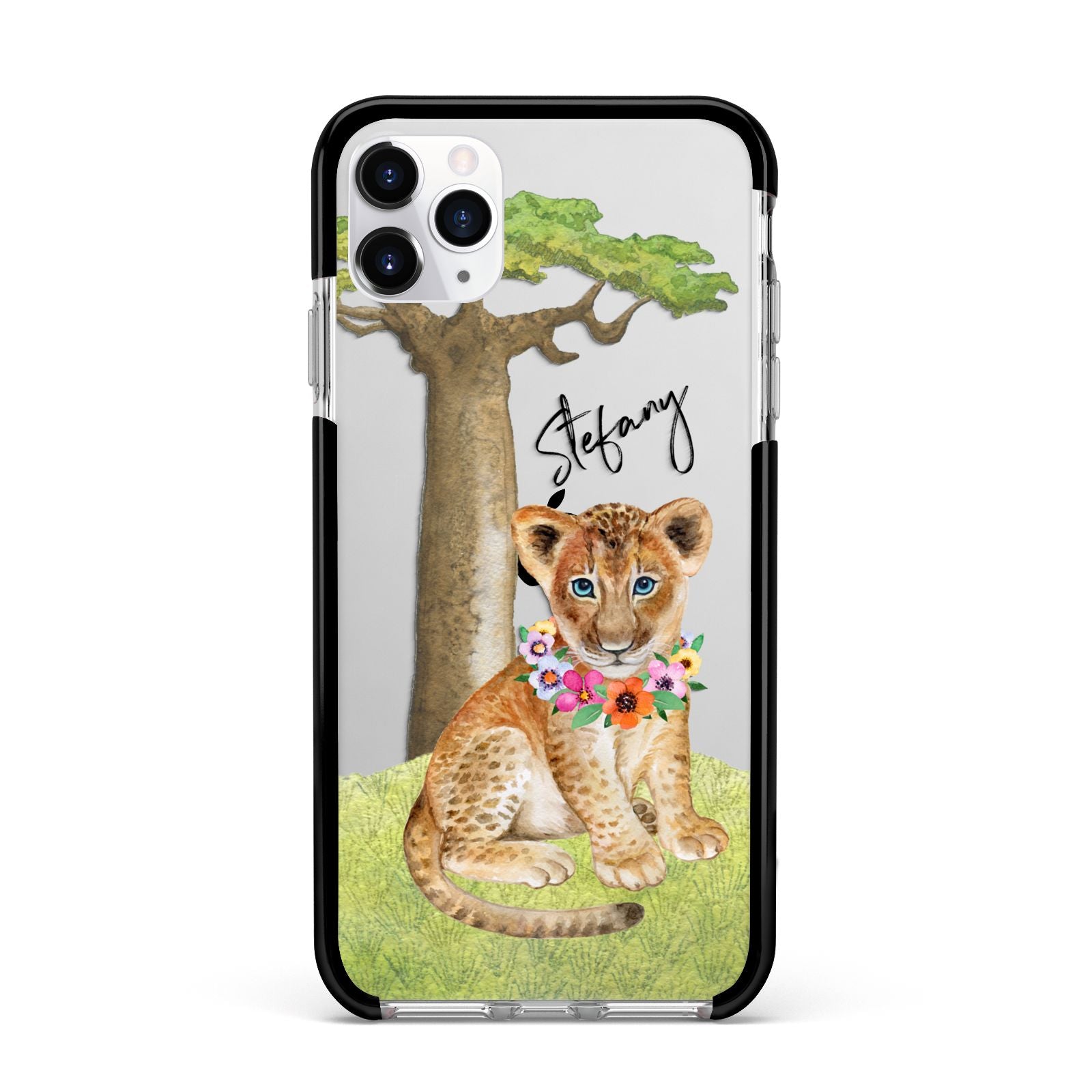 Personalised Lion Cub Apple iPhone 11 Pro Max in Silver with Black Impact Case
