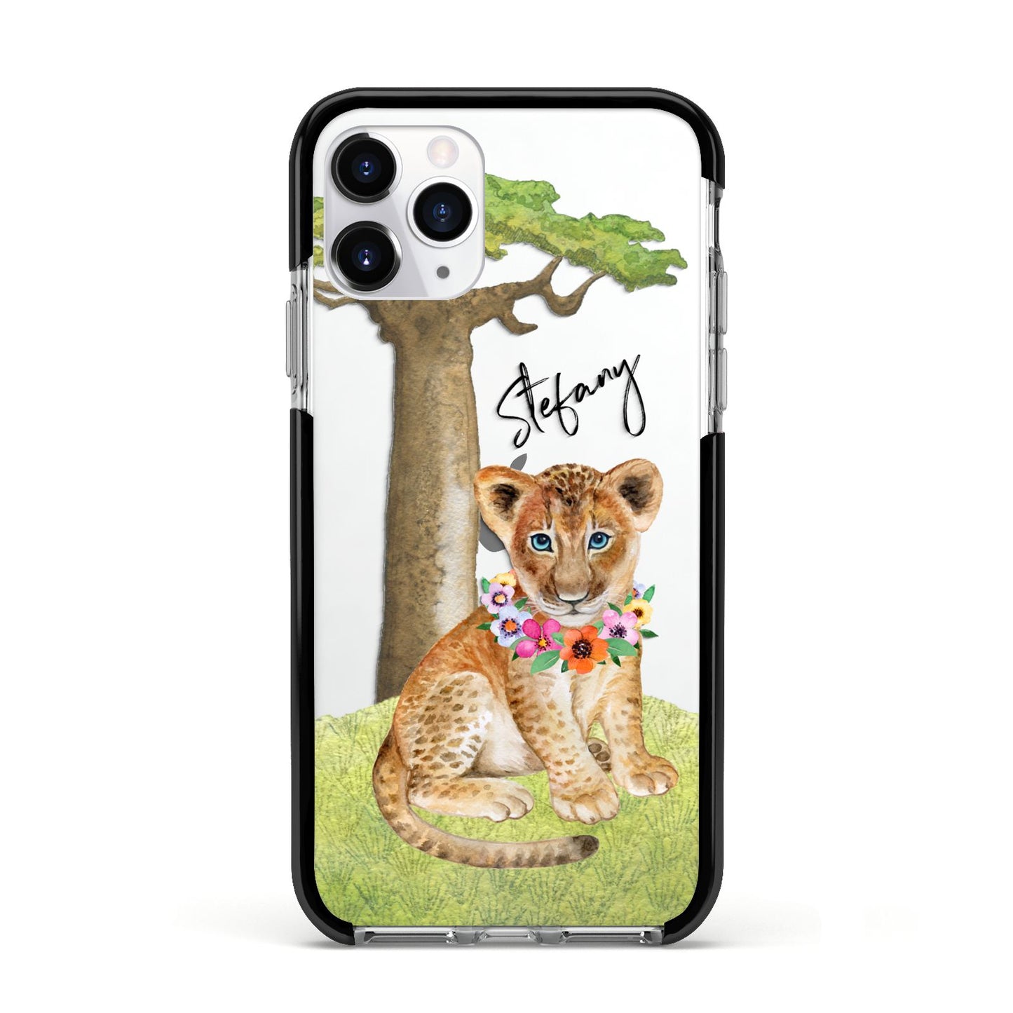 Personalised Lion Cub Apple iPhone 11 Pro in Silver with Black Impact Case