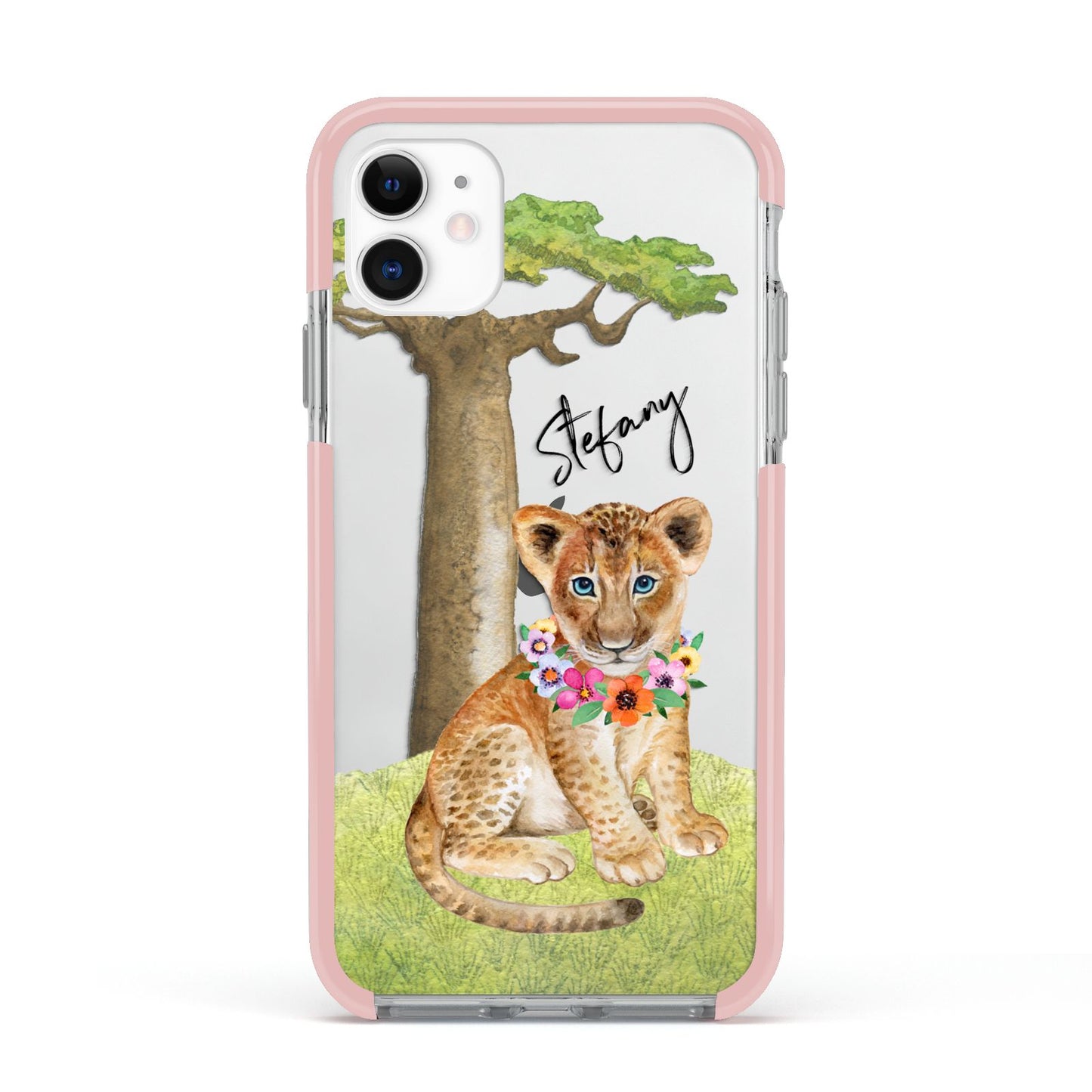 Personalised Lion Cub Apple iPhone 11 in White with Pink Impact Case