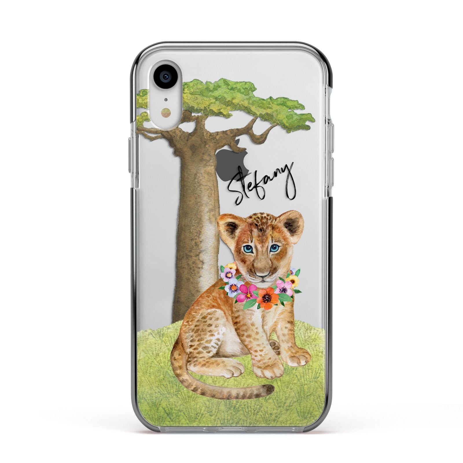 Personalised Lion Cub Apple iPhone XR Impact Case Black Edge on Silver Phone