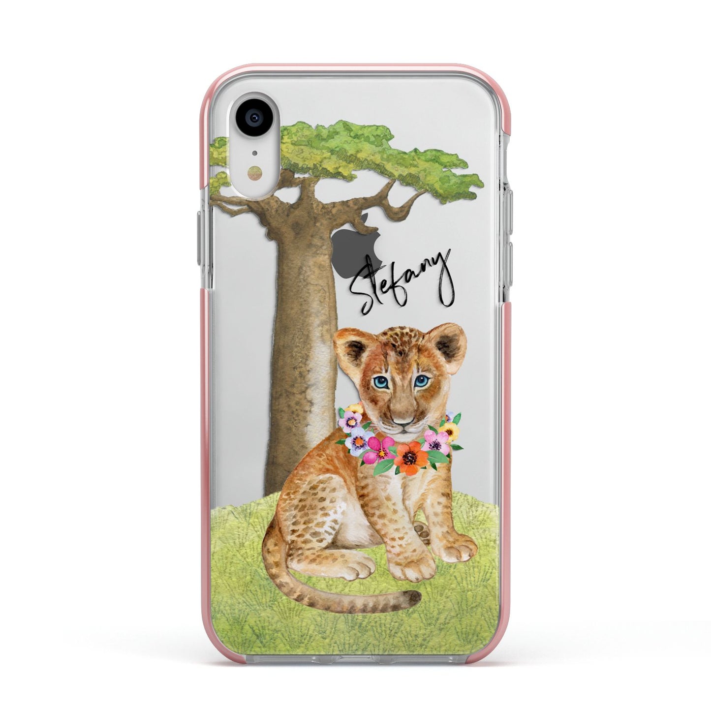 Personalised Lion Cub Apple iPhone XR Impact Case Pink Edge on Silver Phone