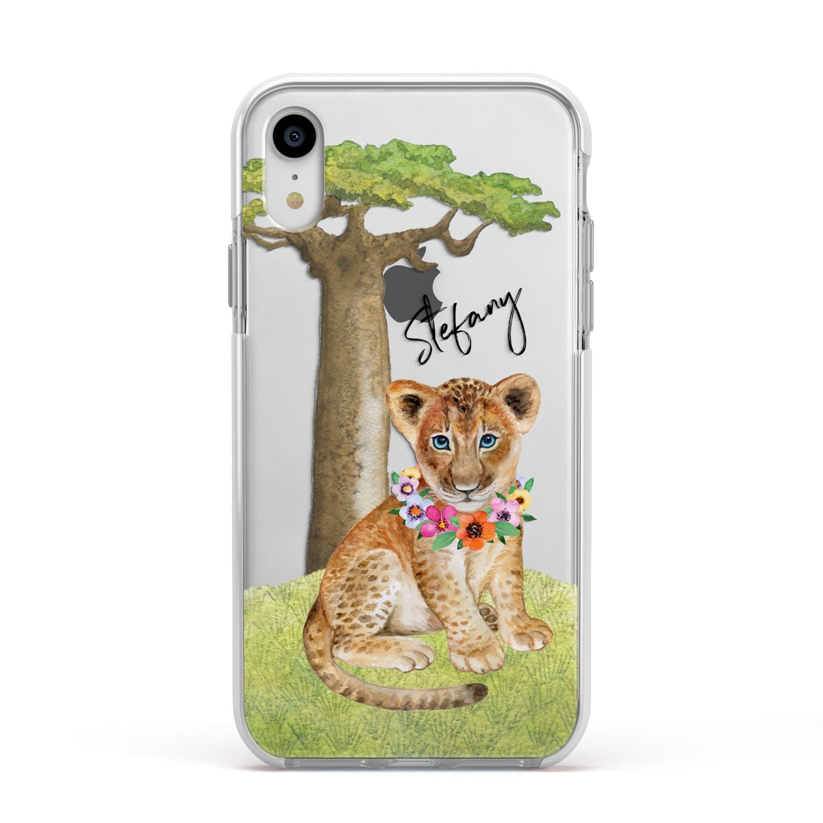 Personalised Lion Cub Apple iPhone XR Impact Case White Edge on Silver Phone