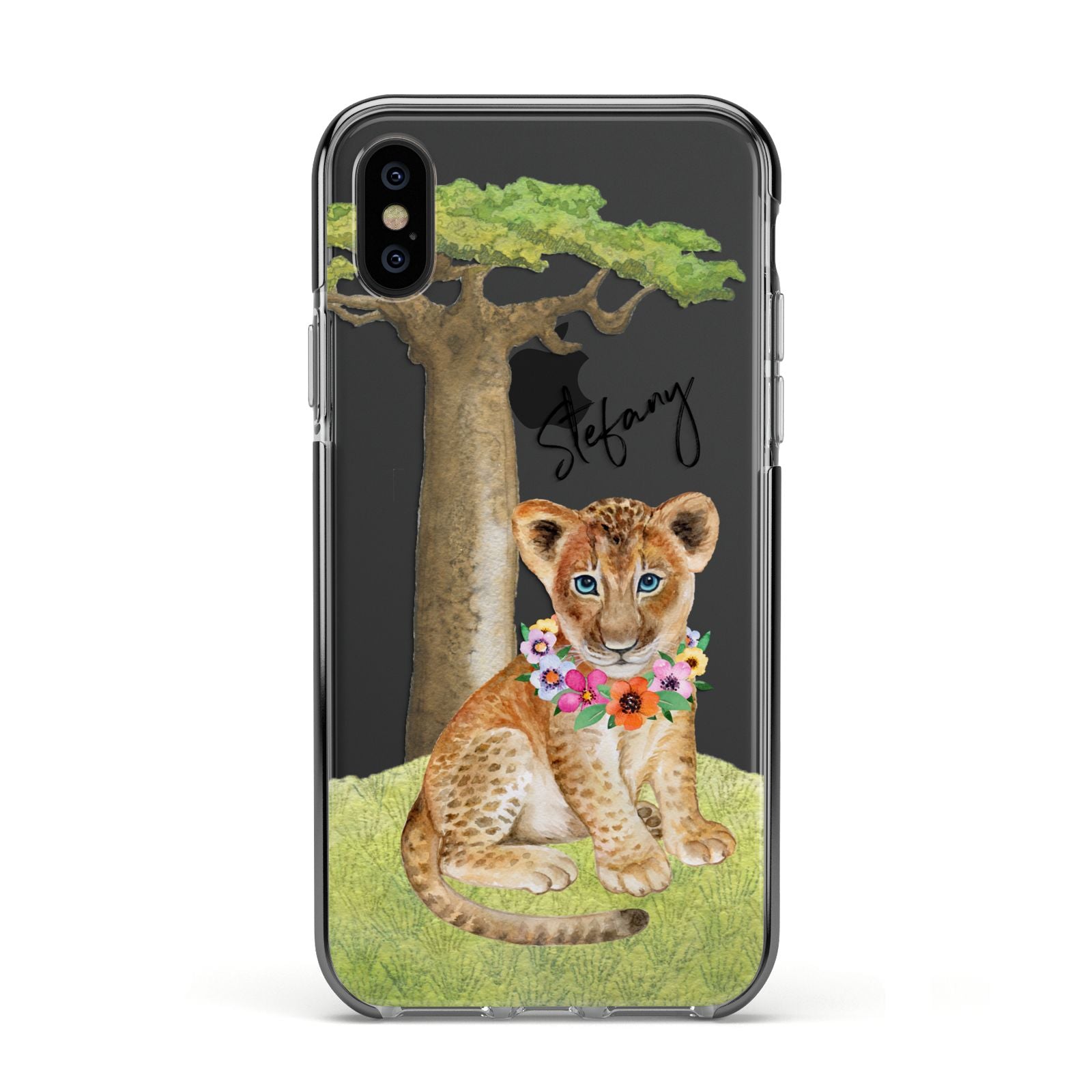 Personalised Lion Cub Apple iPhone Xs Impact Case Black Edge on Black Phone