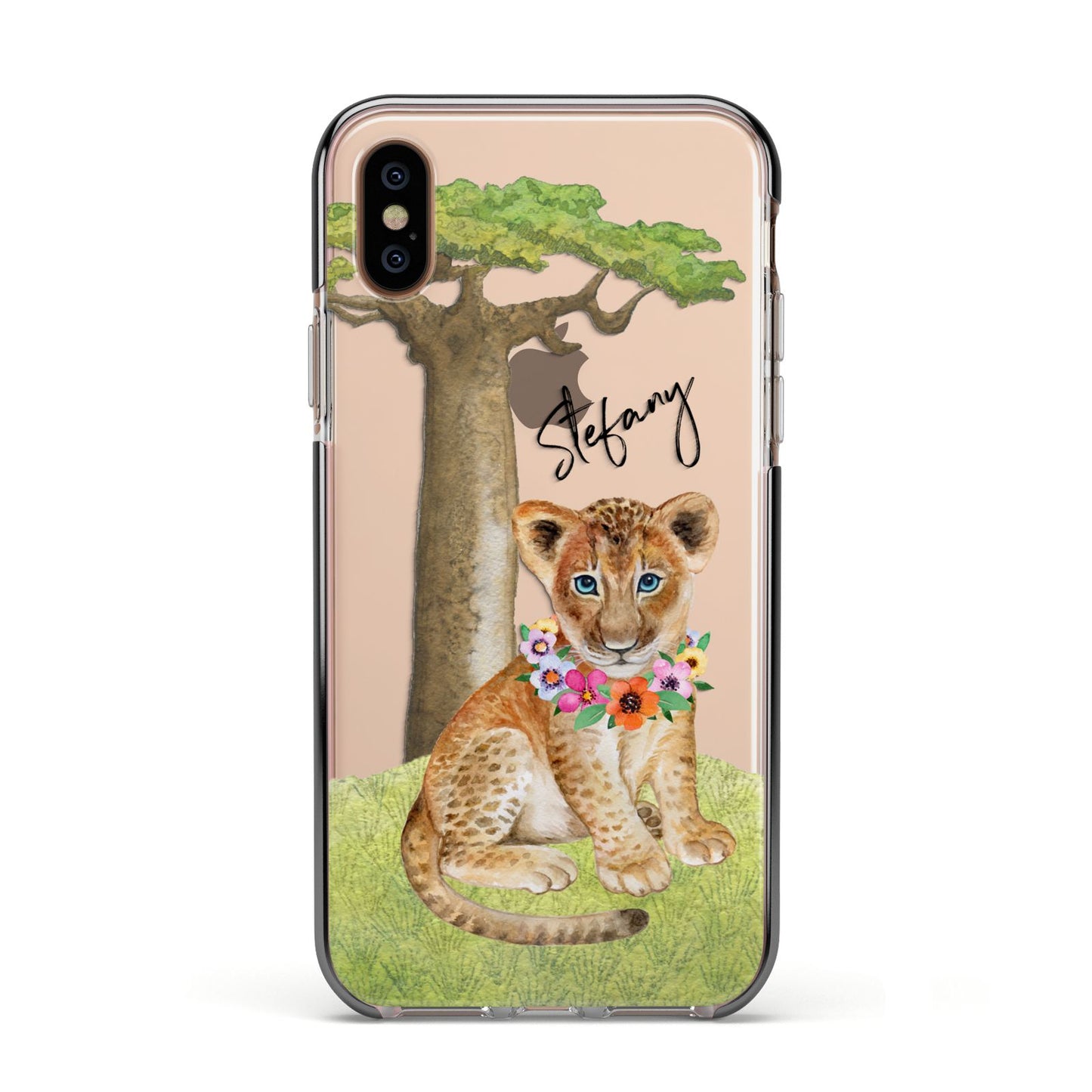 Personalised Lion Cub Apple iPhone Xs Impact Case Black Edge on Gold Phone
