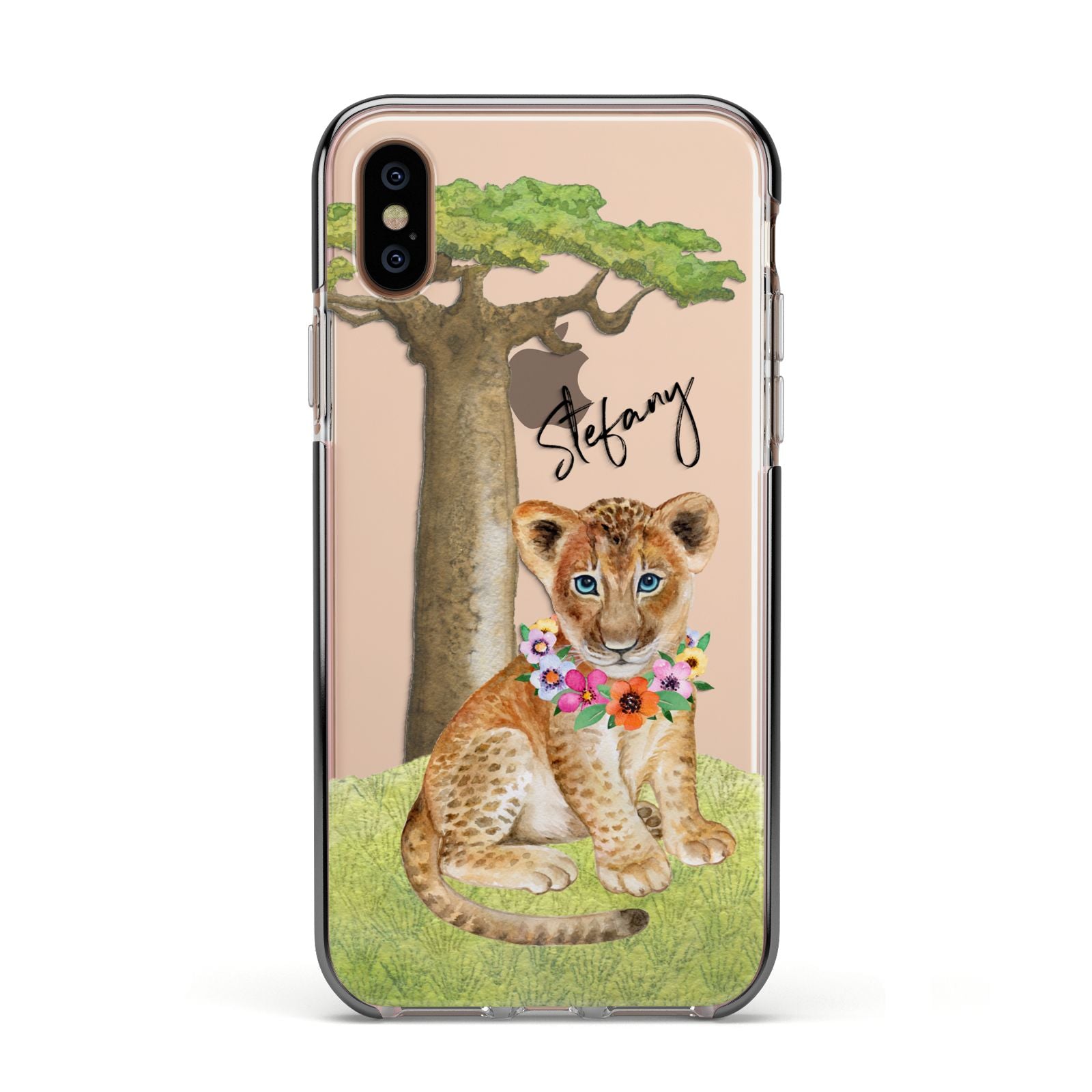 Personalised Lion Cub Apple iPhone Xs Impact Case Black Edge on Gold Phone