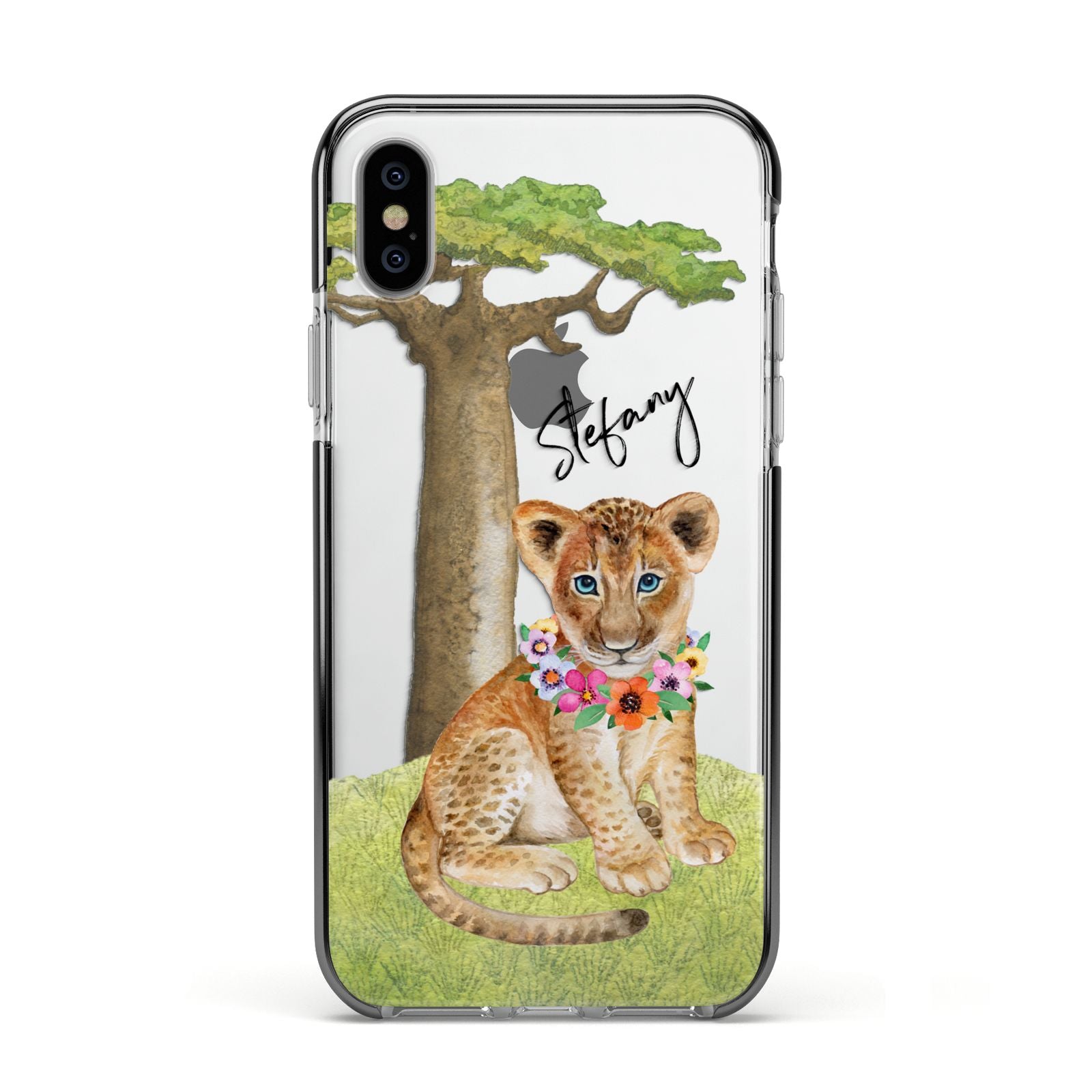 Personalised Lion Cub Apple iPhone Xs Impact Case Black Edge on Silver Phone