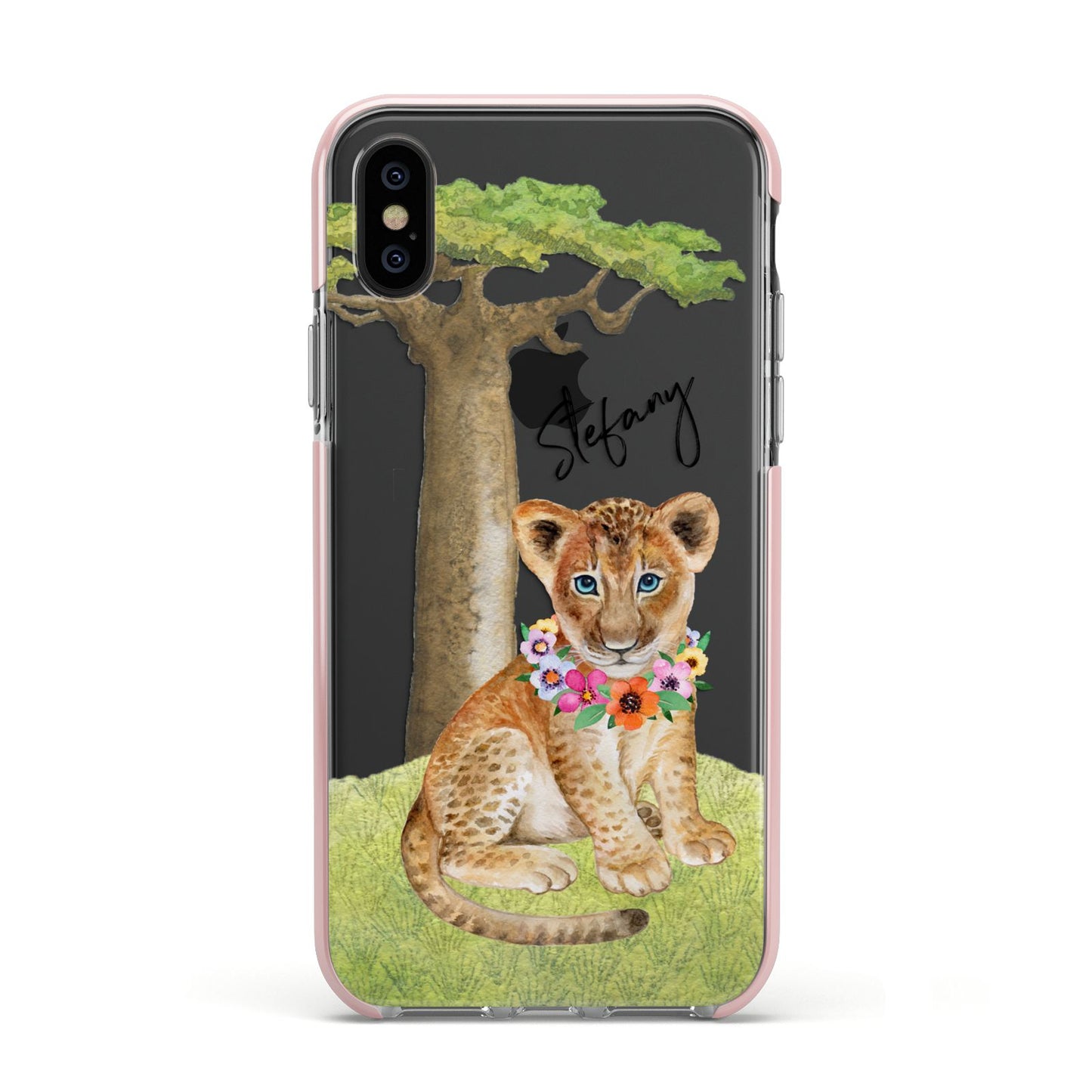 Personalised Lion Cub Apple iPhone Xs Impact Case Pink Edge on Black Phone