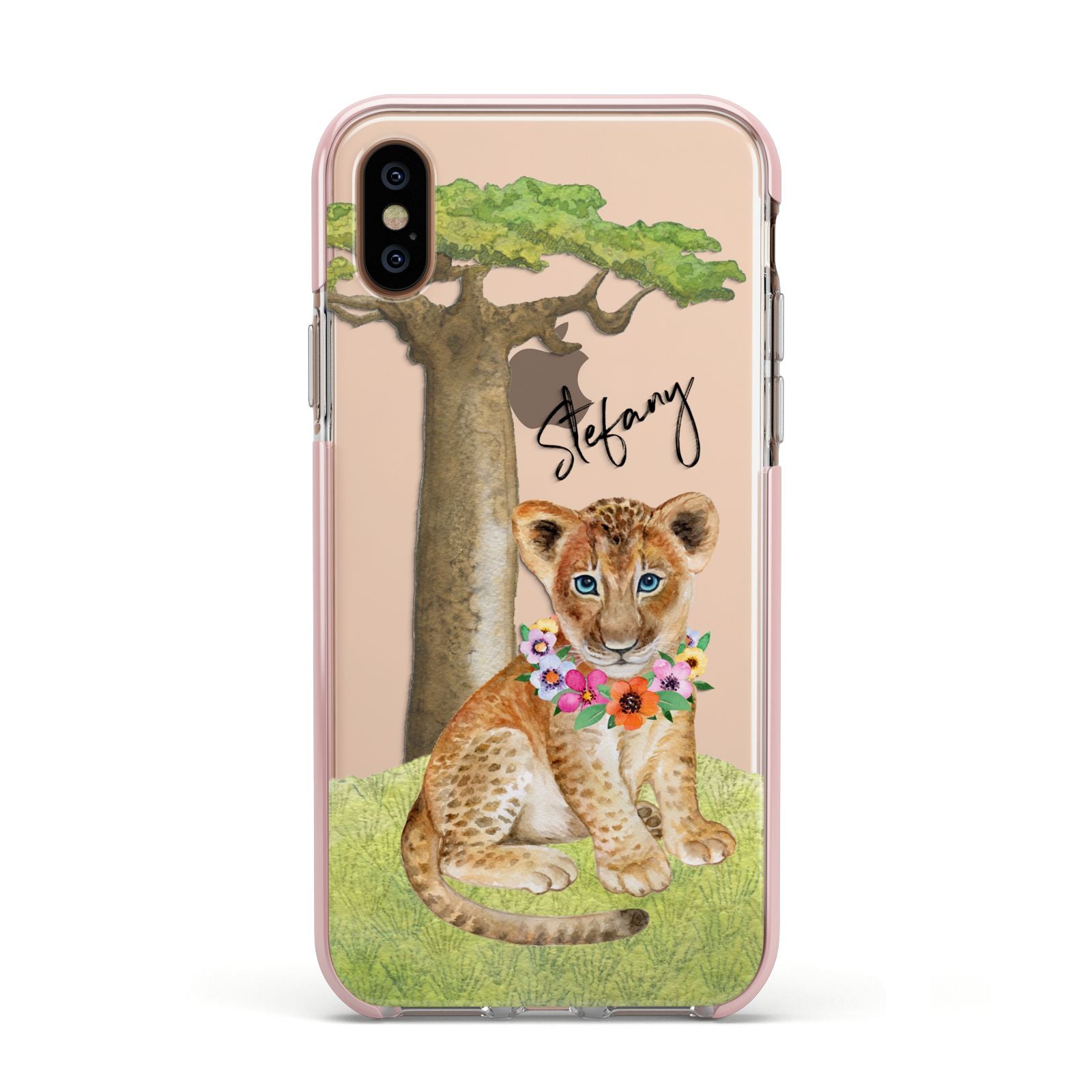 Personalised Lion Cub Apple iPhone Xs Impact Case Pink Edge on Gold Phone
