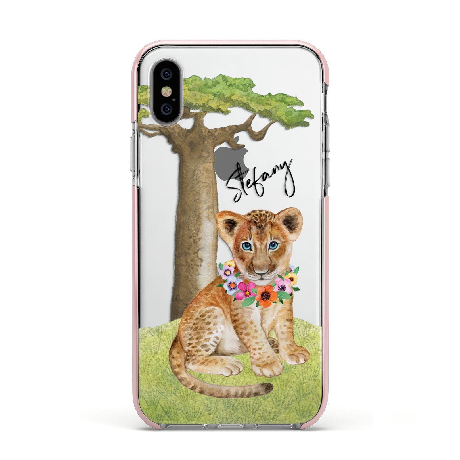 Personalised Lion Cub Apple iPhone Xs Impact Case Pink Edge on Silver Phone