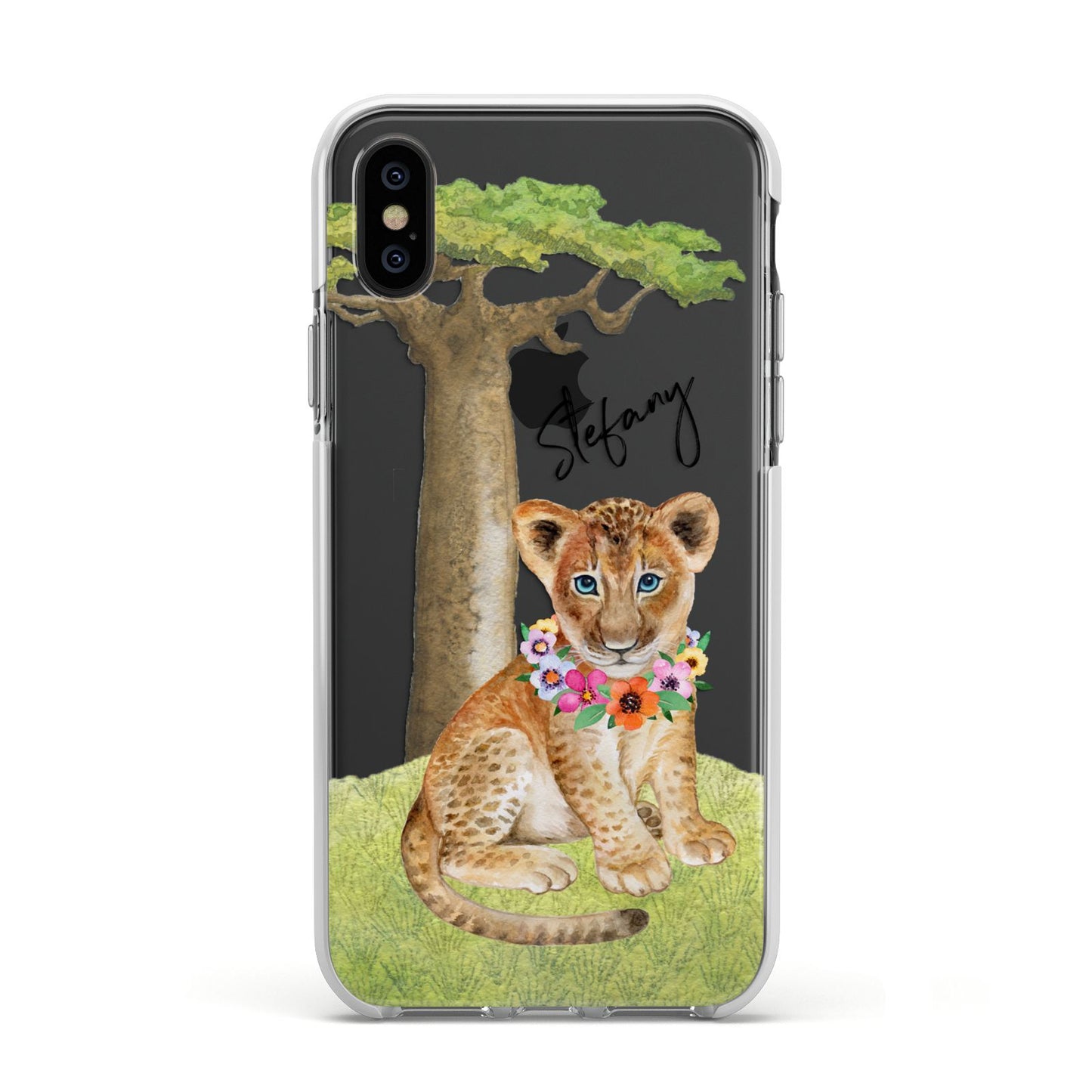 Personalised Lion Cub Apple iPhone Xs Impact Case White Edge on Black Phone