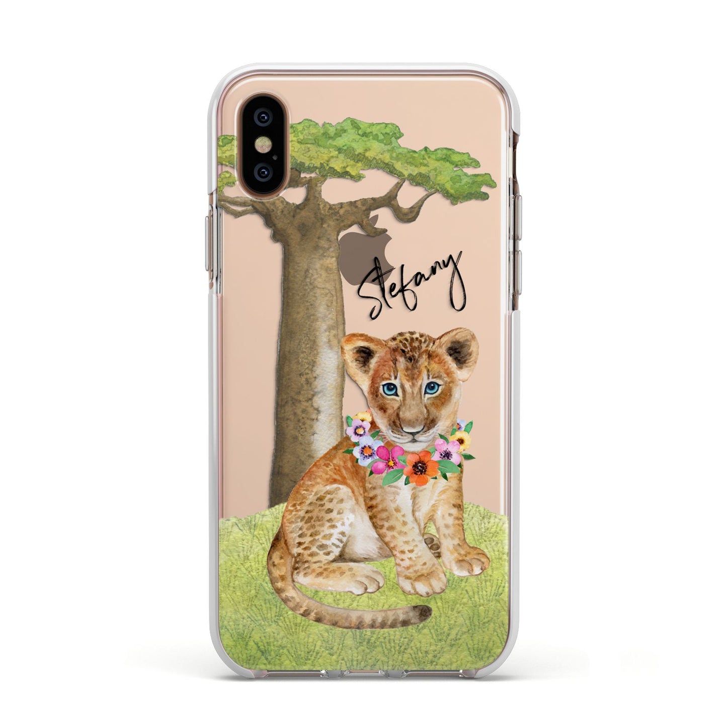 Personalised Lion Cub Apple iPhone Xs Impact Case White Edge on Gold Phone