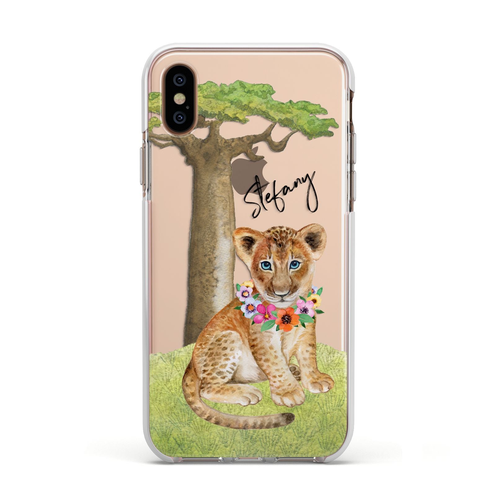 Personalised Lion Cub Apple iPhone Xs Impact Case White Edge on Gold Phone