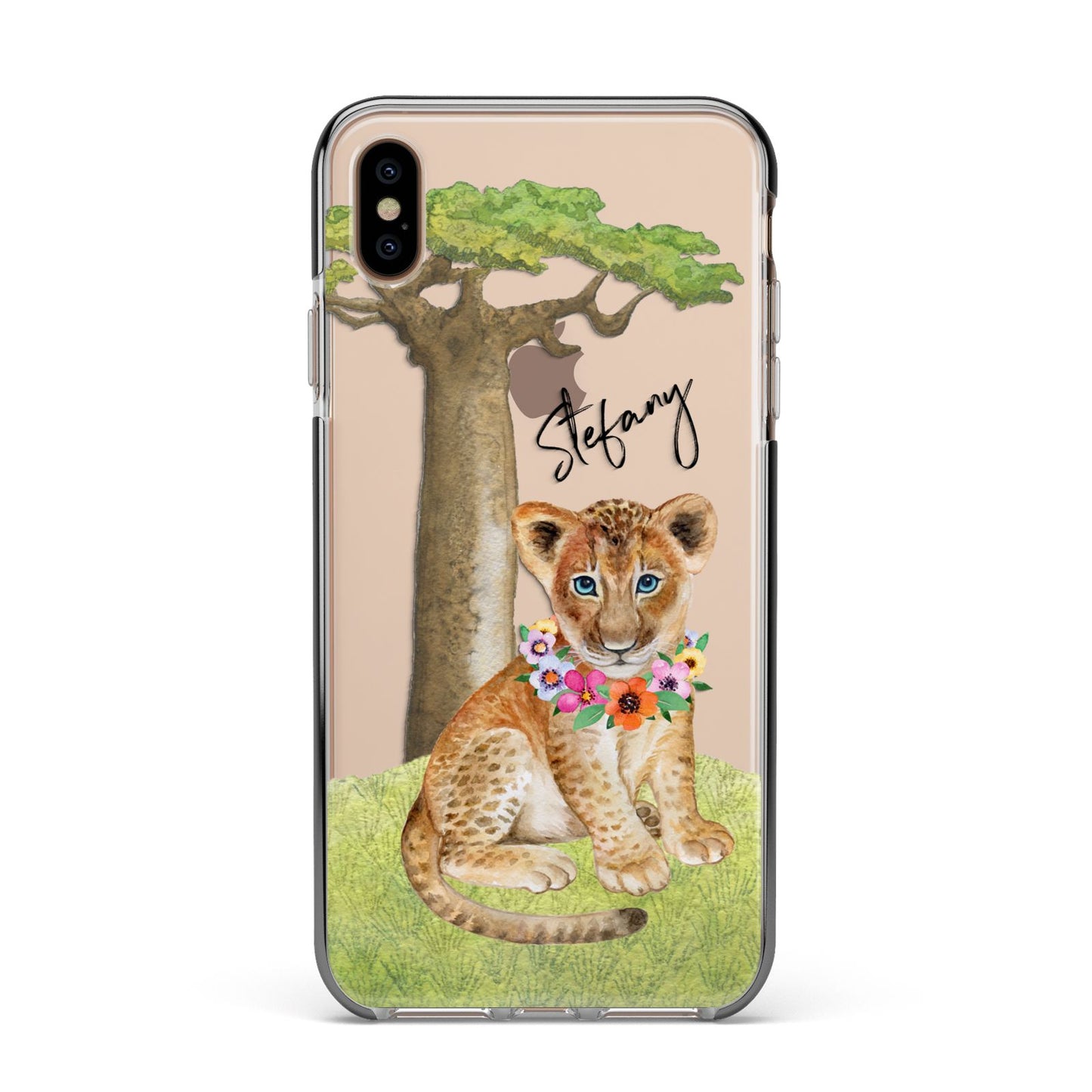 Personalised Lion Cub Apple iPhone Xs Max Impact Case Black Edge on Gold Phone