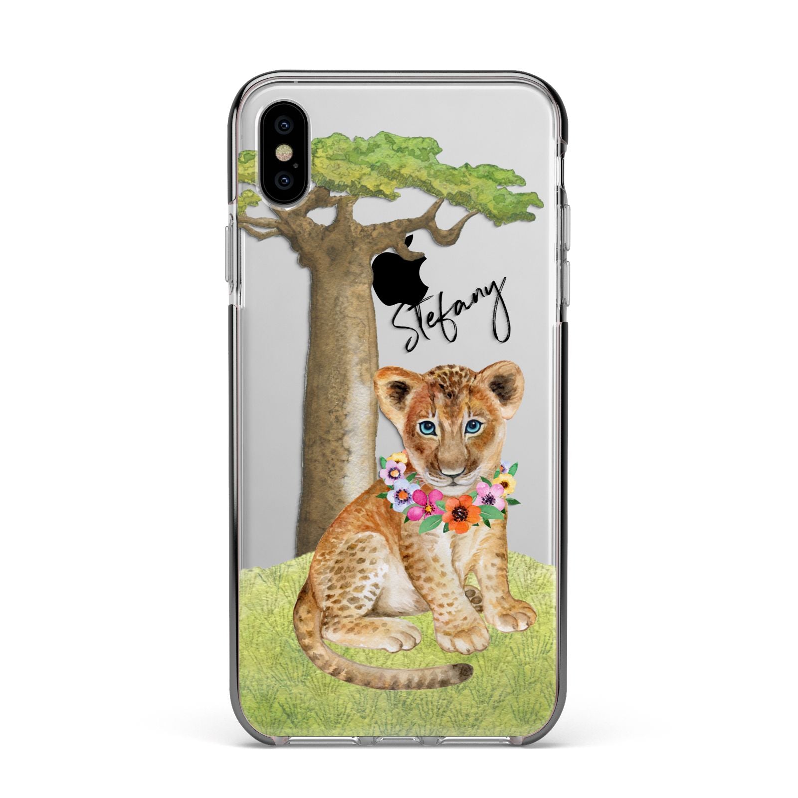 Personalised Lion Cub Apple iPhone Xs Max Impact Case Black Edge on Silver Phone