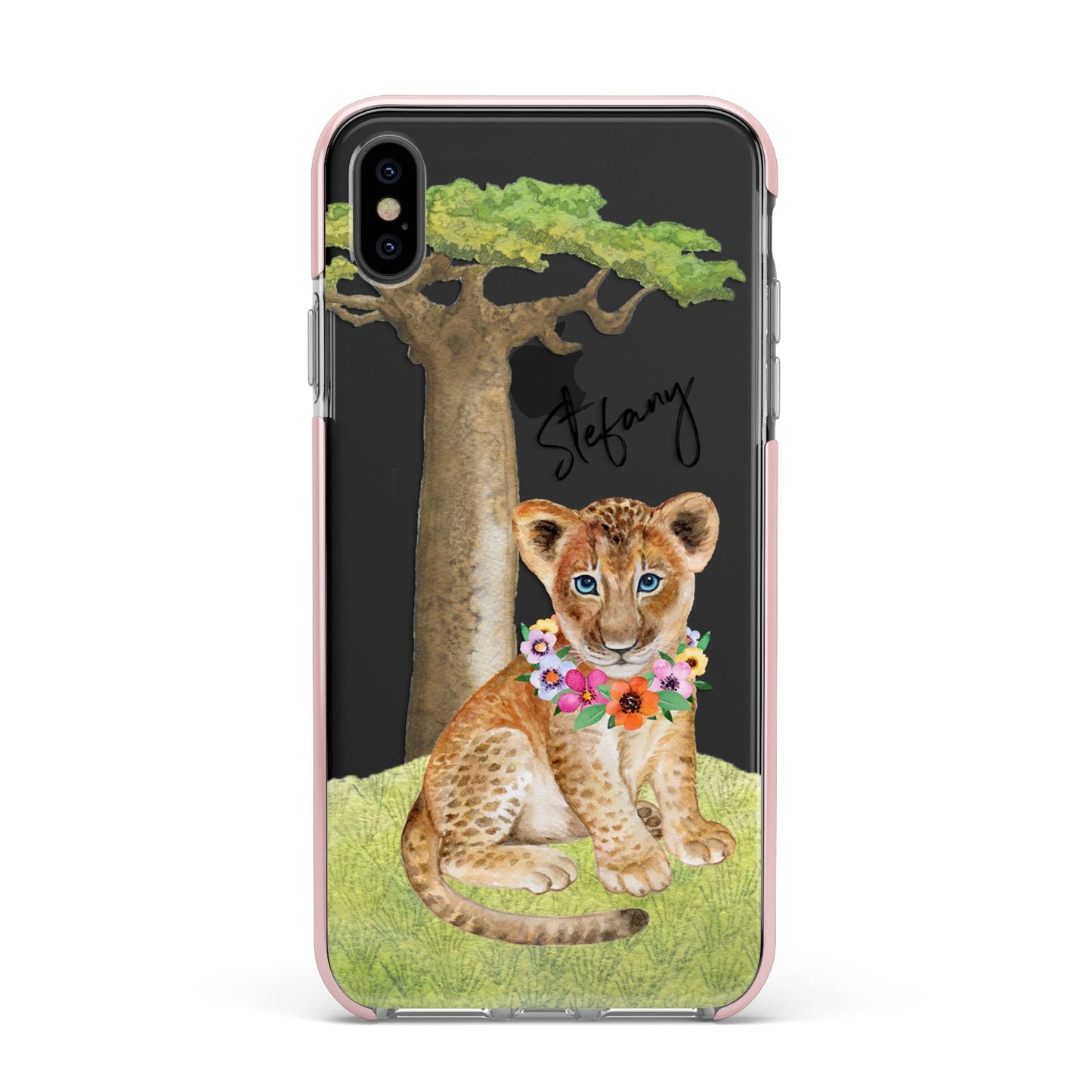 Personalised Lion Cub Apple iPhone Xs Max Impact Case Pink Edge on Black Phone