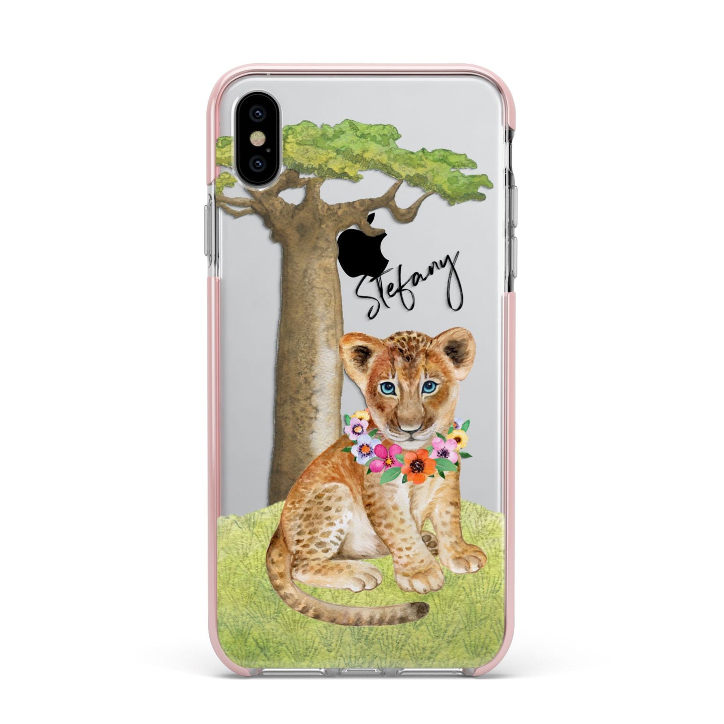 Personalised Lion Cub Apple iPhone Xs Max Impact Case Pink Edge on Silver Phone