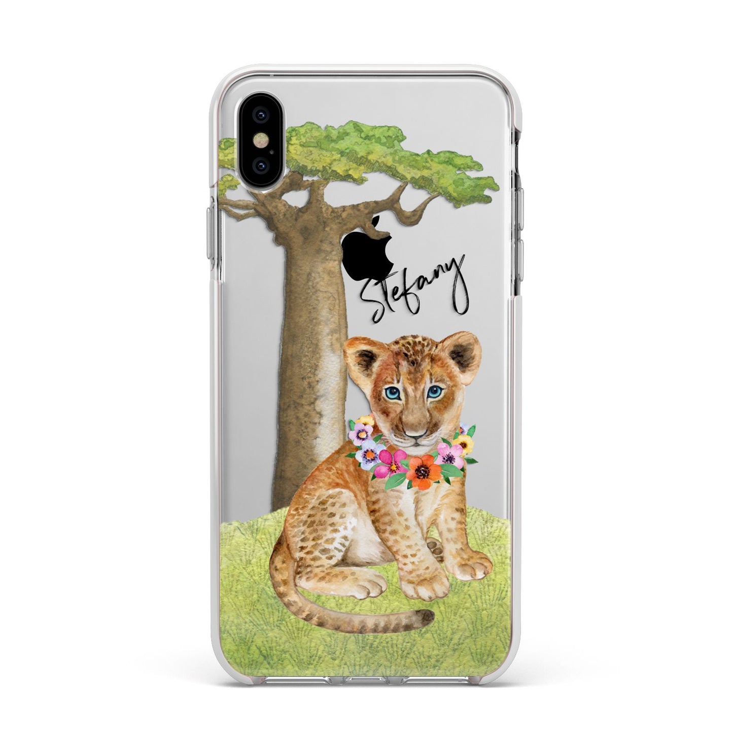 Personalised Lion Cub Apple iPhone Xs Max Impact Case White Edge on Silver Phone
