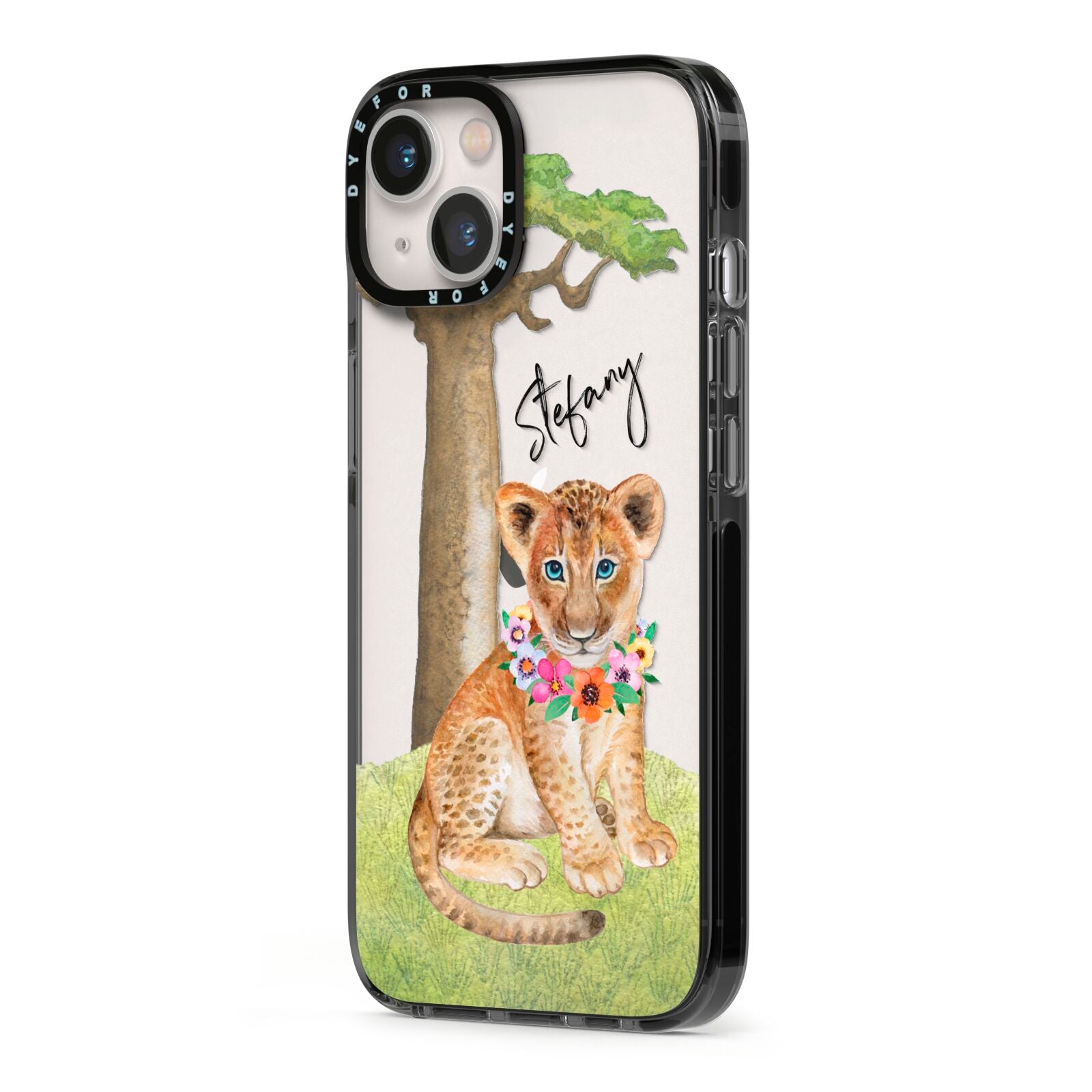 Personalised Lion Cub iPhone 13 Black Impact Case Side Angle on Silver phone